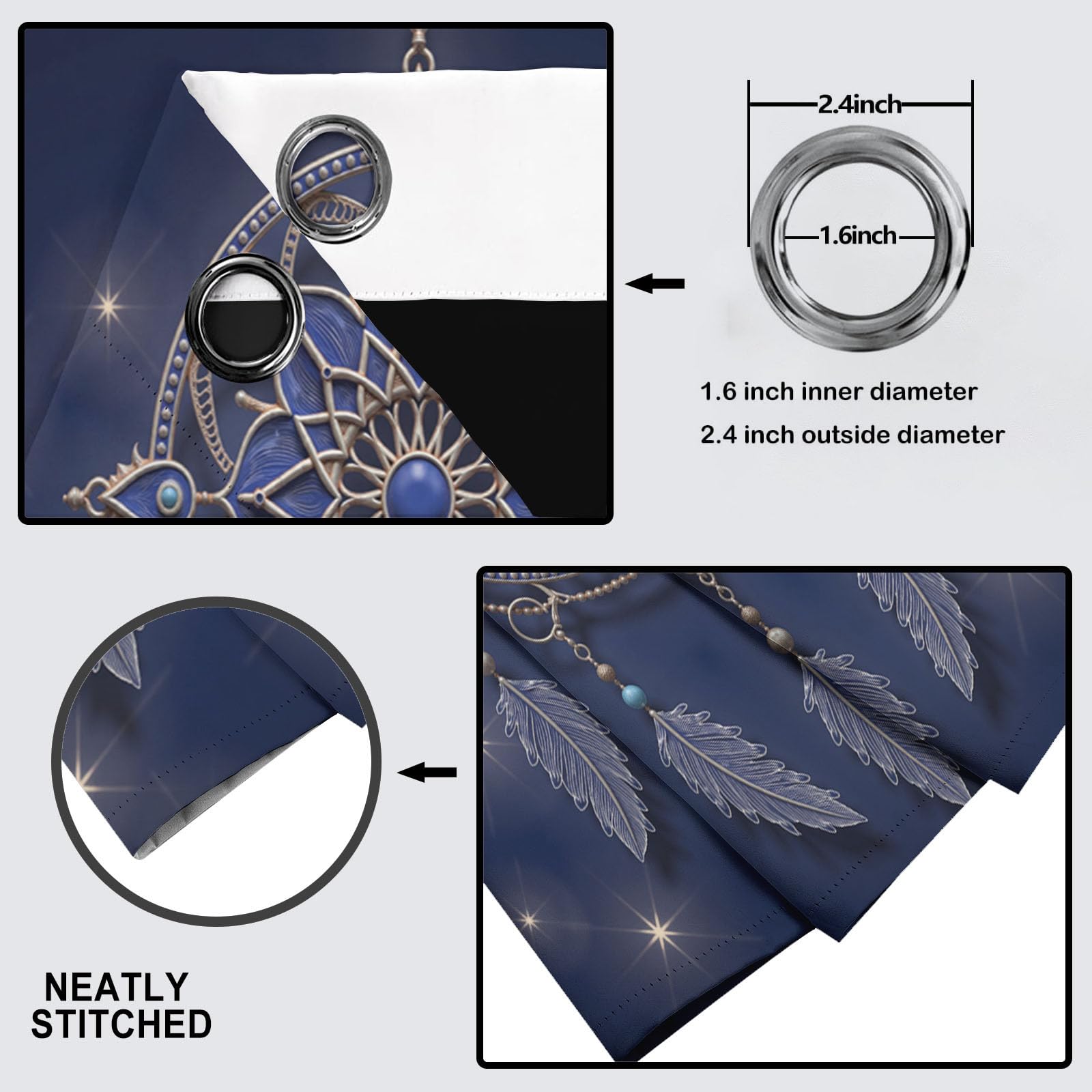 Blickdichte Gardinen Traumfänger - Verdunkelungsvorhang Blausilber Unaufdringlicher Luxus Im Ethno-Stil Vorhang mit Ösen für Schlafzimmer Wohnzimmer Kinderzimmer - H220cmxB140cm(2er Pack)
