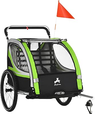 Aosom 3-in-1 Walk/Jog/Ride Child Baby Bike Trailer for Kids 2 Seater, High-Visibility Bike Stroller for Toddler Wagon, Weather-Strong Double Bicycle Trailer Accessory for Kids, Green