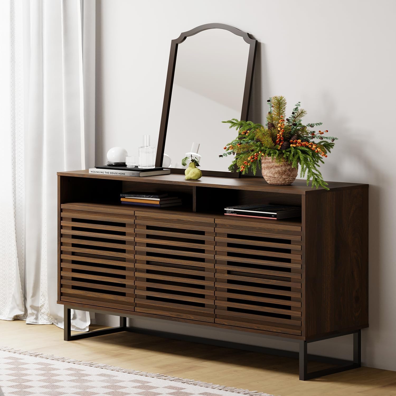 Tall TV Stand with Louvered Door and Adjustable Shelf for 55 inch Tvs Walnut Console with Ample Storage Modern Entertainment Center for Living Room or Bedroom