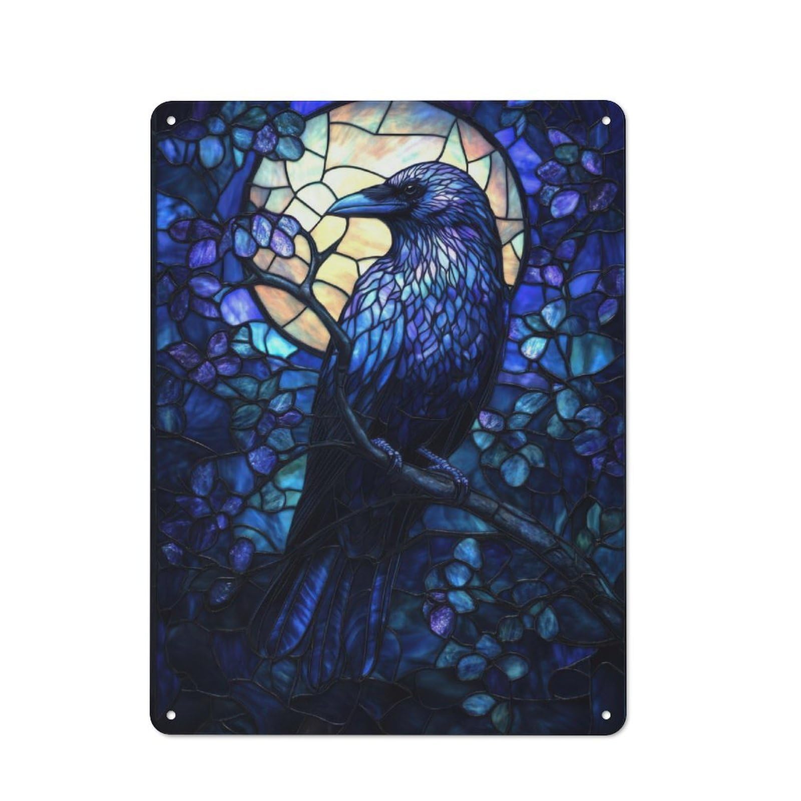 Junmoney Stained Glass Raven Vintage Metal Plaque 40X30cm Featuring For Garage Wall, For People Furnishing A Garage