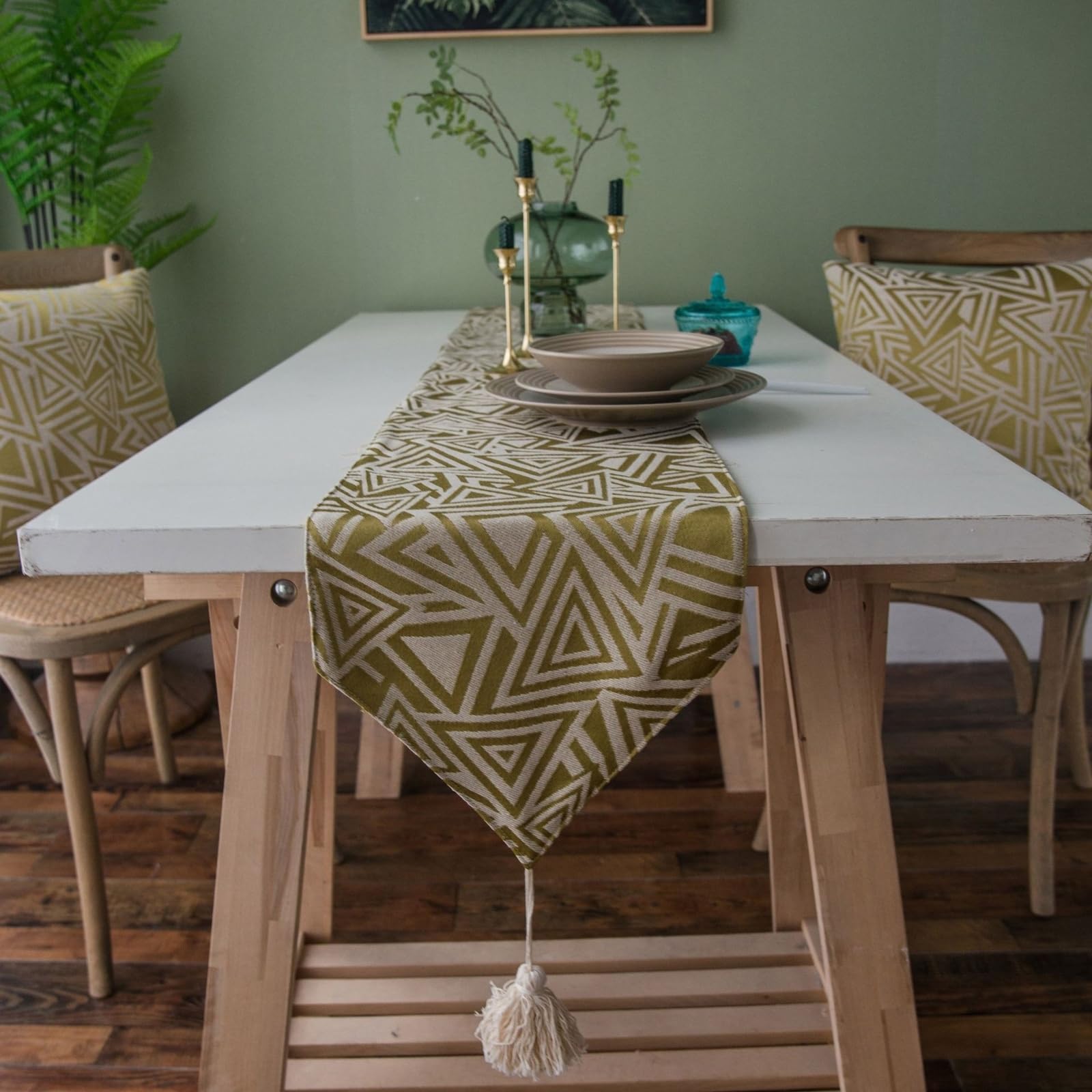 Tischläufer Modern Polybaumwolle, Tischläufer Wohnzimmer 30x200 cm, Dreiecksmuster-Jacquard mit Quaste