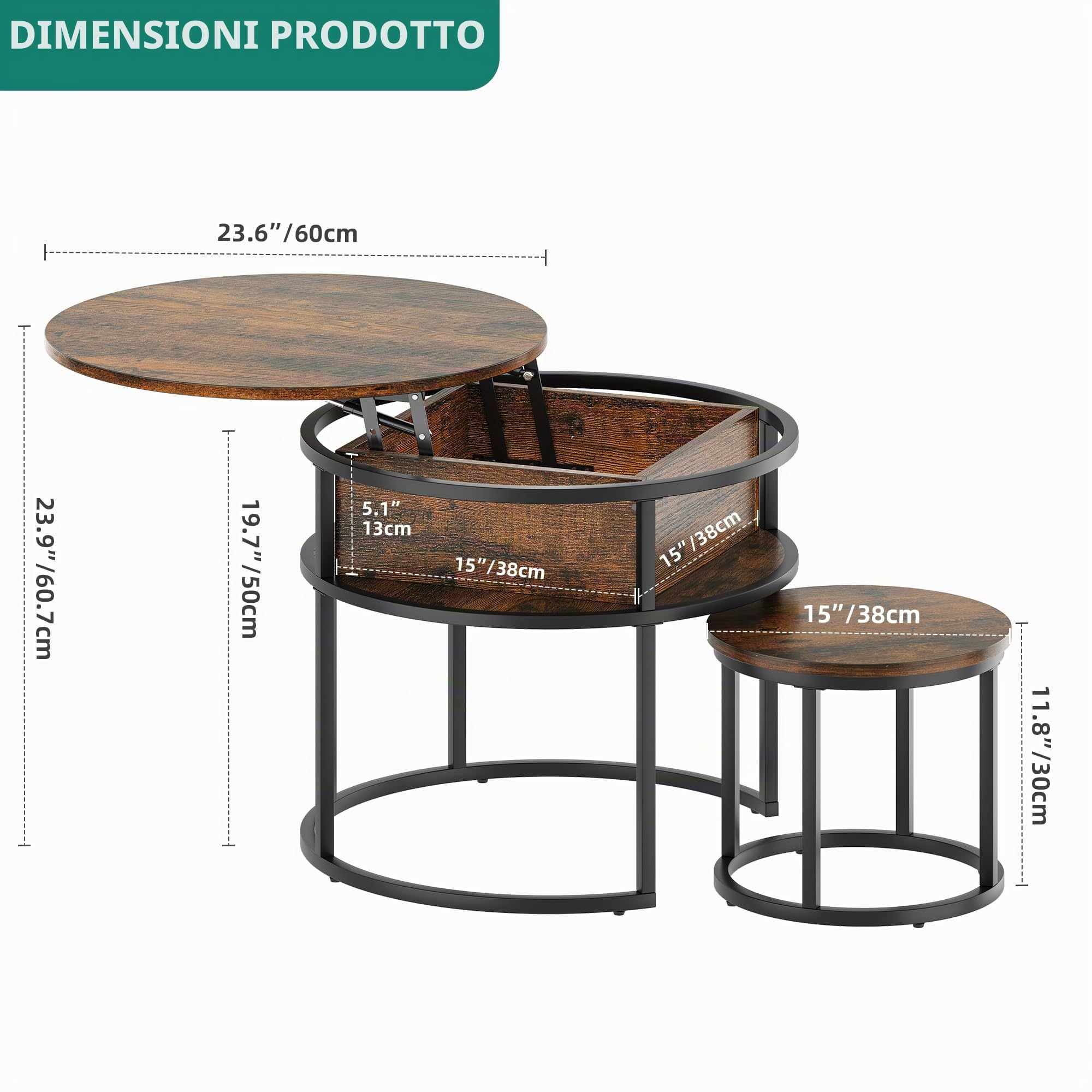 YITAHOME Tavolino da Caffè sollevabile, Set di 2 Tavolino Soggiorno Moderno, Tavolo da Divano Rotondo 60x60x50cm, 38x38x30cm