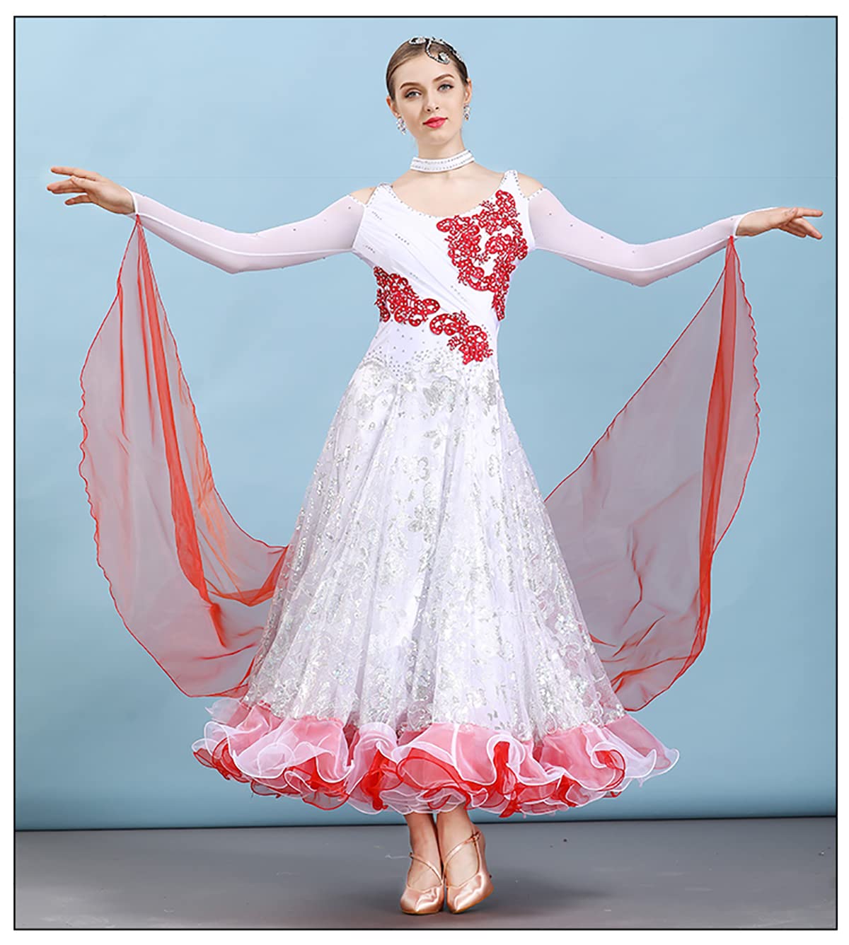 Sukienka do tańca towarzyskiego duża spódnica swingowa damska moda seksowna sukienka z dekoltem w serek solidna nowoczesna siatka zwiewna długa tiulowa sukienka na imprezę elegancka sukienka odzież performance