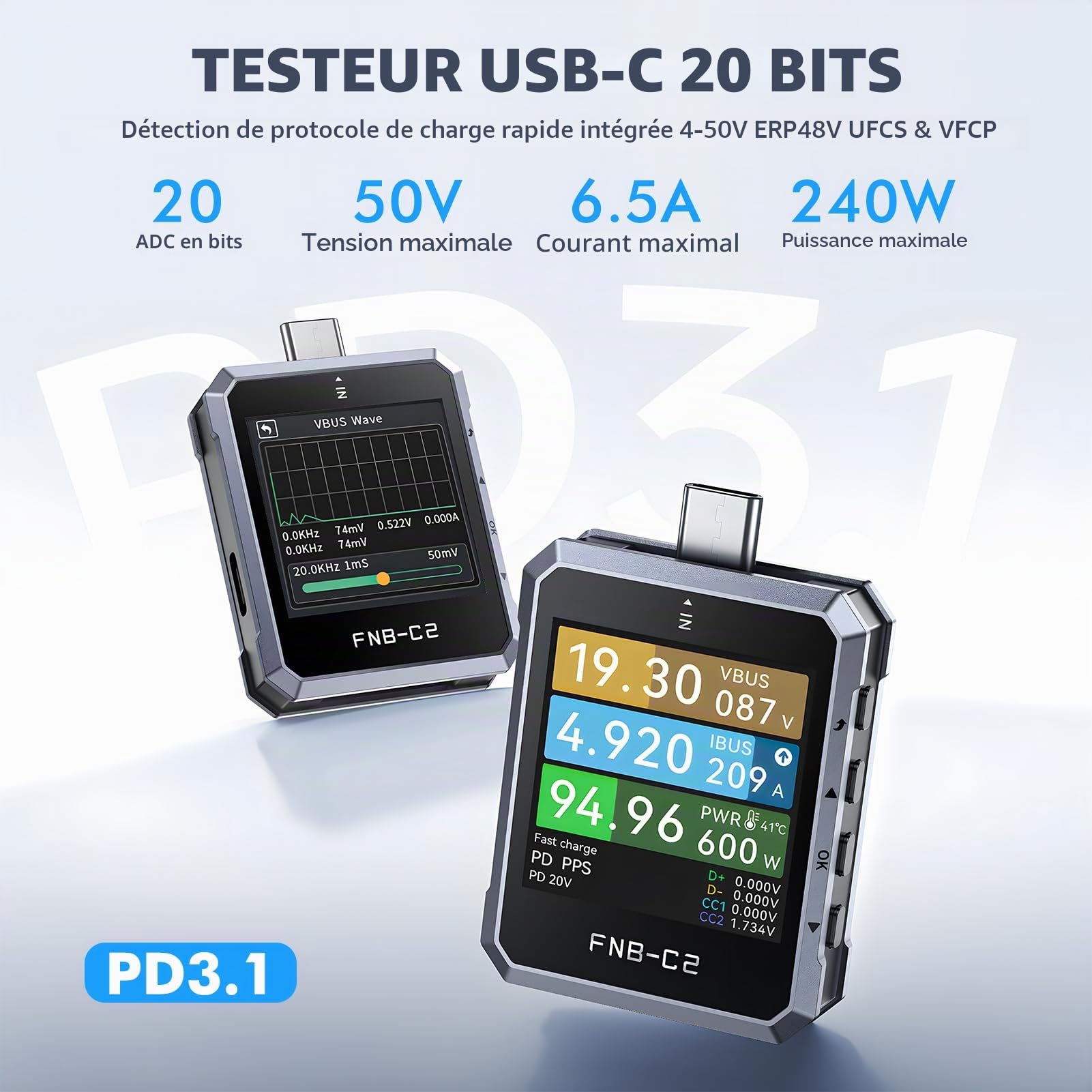 Testeur USB C FNB-C2, 4~50V 0~6.5A Multimètre Numérique avec LCD-Display pour PD 2.0, 3.0, 3.1, QC 2.0, 3.0, 4.0+, Voltmètre Power Meter USB Capacité Testeur de Tension