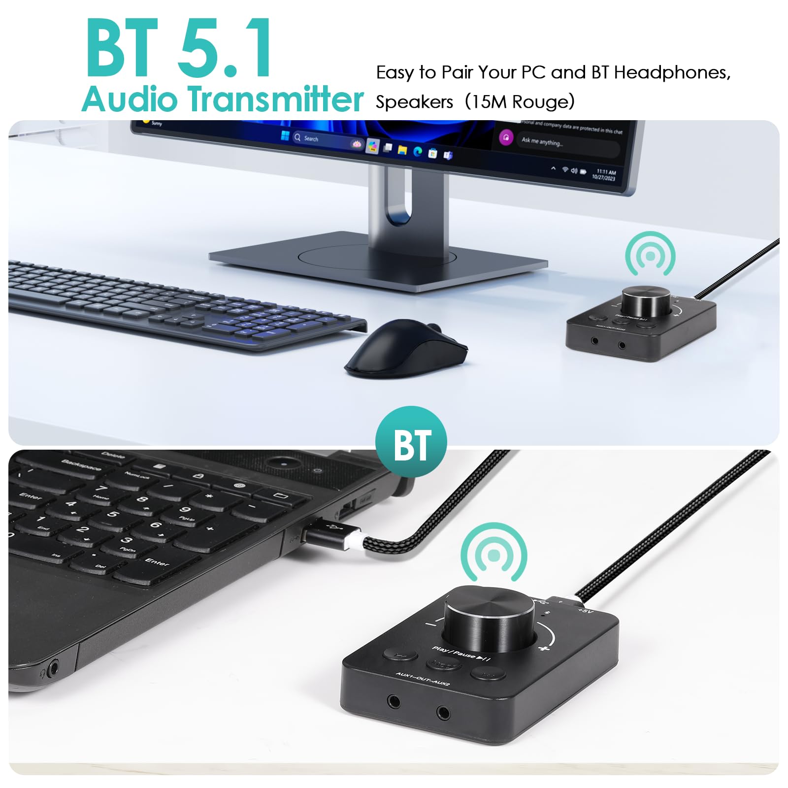 Contrôleur De Volume USB + Émetteur Bluetooth 5.1 + Lecteur USB - Carte Son Externe Pour PC/Mac - Prise Casque 3.5mm Et Alim Type-C