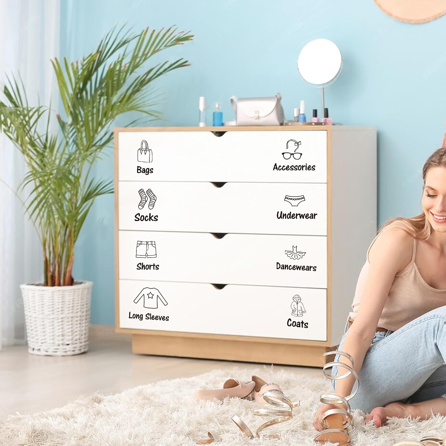 4 Sheets (32 Icons) Dresser Clothing Organization Icon Decals for Bedroom Closet Vinyl Jackets Shirts Pants Pajamas Underwear Labels Decals Decor for Home Wardrobe Drawer Shelf (Black Women)