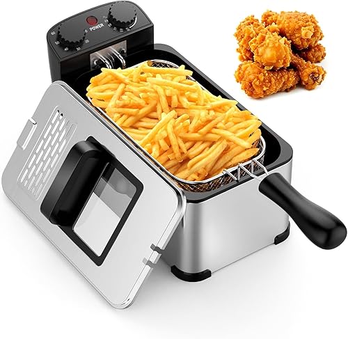 COSTWAY Freidora de 3 litros con canasta, freidora de aceite eléctrica de 1700 W con filtración de aceite, tapa con ventana de visión, temporizador