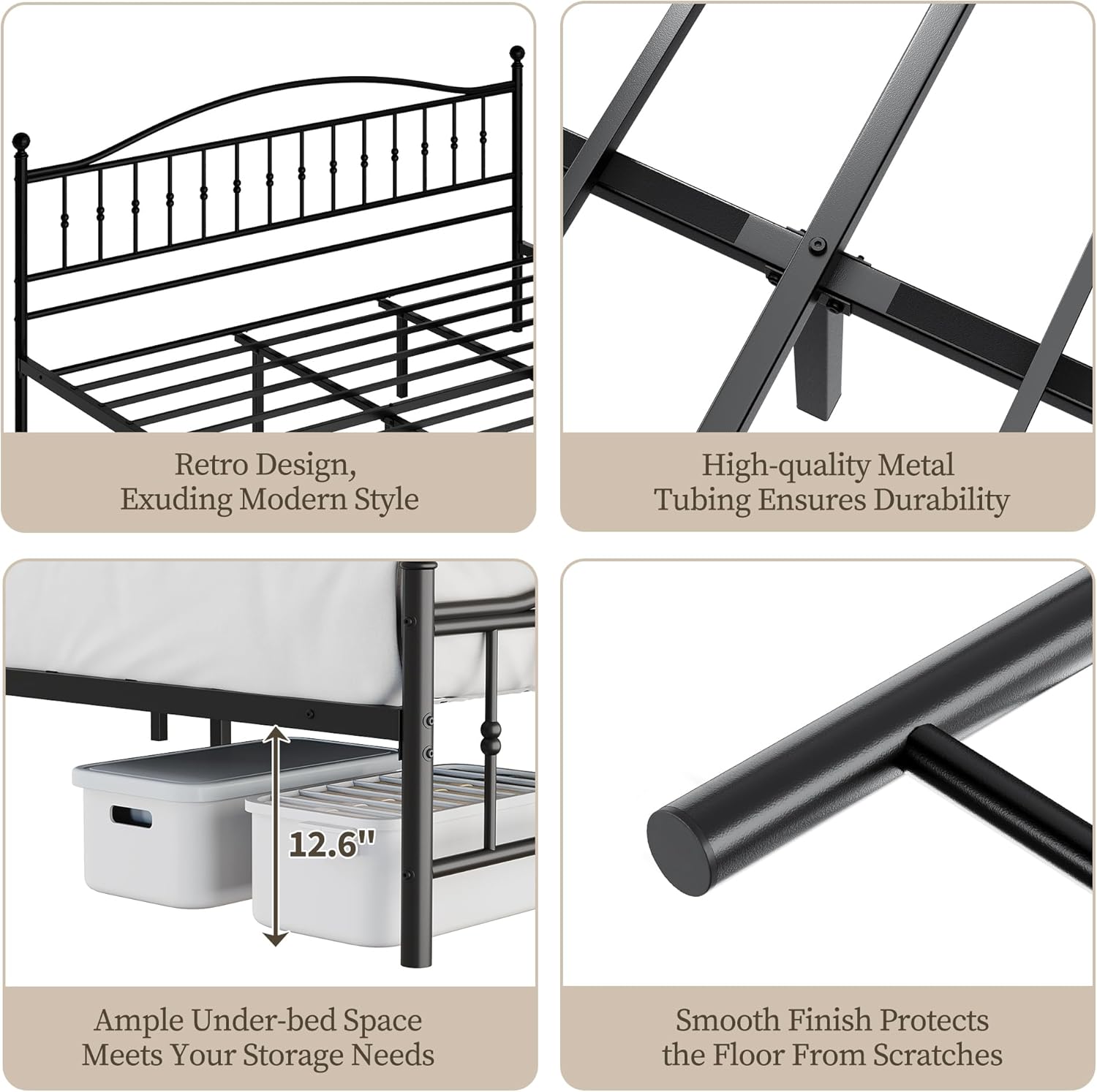 Garvee King Size Metal Bed Frame with Vintage Circular Headboard and Footboard, Heavy-Duty Iron Platform Bed, No Box Spring Needed, Noise-Free and Easy Assembly, Black - Image 5