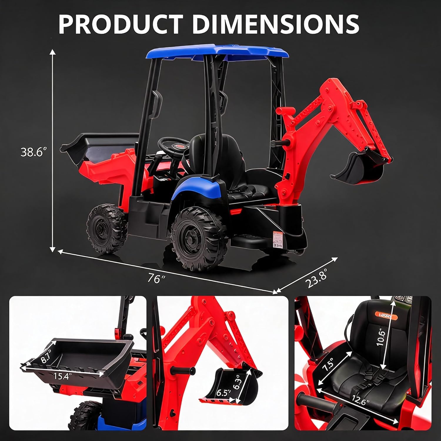 Garvee 12V Tracteur Électrique pour Enfants avec Klaxon, Télécommande 2,4G, 4 en 1 Excavatrice Électrique avec Pelle, Bulldozer, Plafond Amovible, 2-4km/h pour Enfants de 3 Ans+, Rouge