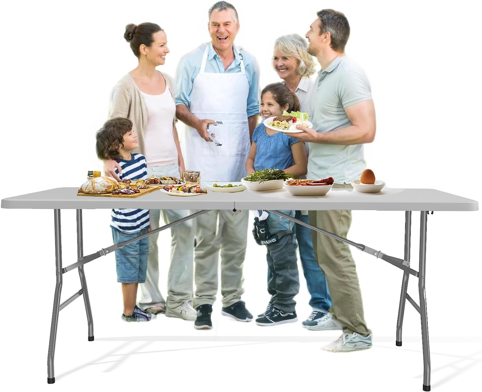 6FT Folding Table, Heavy Duty 440LBS Capacity Portable Plastic Picnic Table, Foldable Dining Tables with Carrying Handle for Party, Wedding, Camping, Events, Indoor or Outdoor Use, White