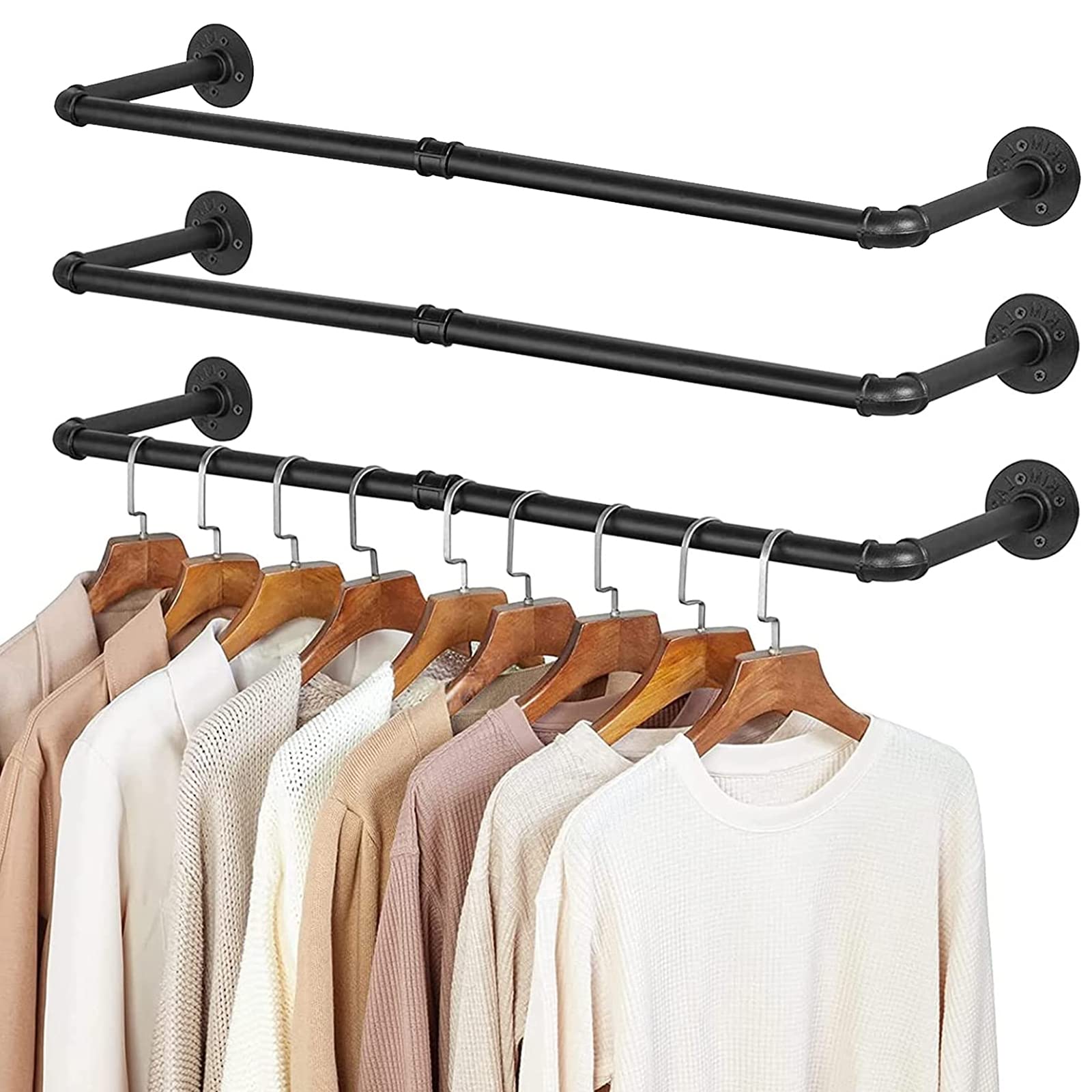 Elibbren3 Pack Clothing Rack Wall Mount, Industrial Pipe Clothing Rack 38.4IN, Hanging Clothes Rack,Heavy Duty Iron Garment Rack Bar for Closet,Laundry Room, Multi Purpose Hanging Rod,Black