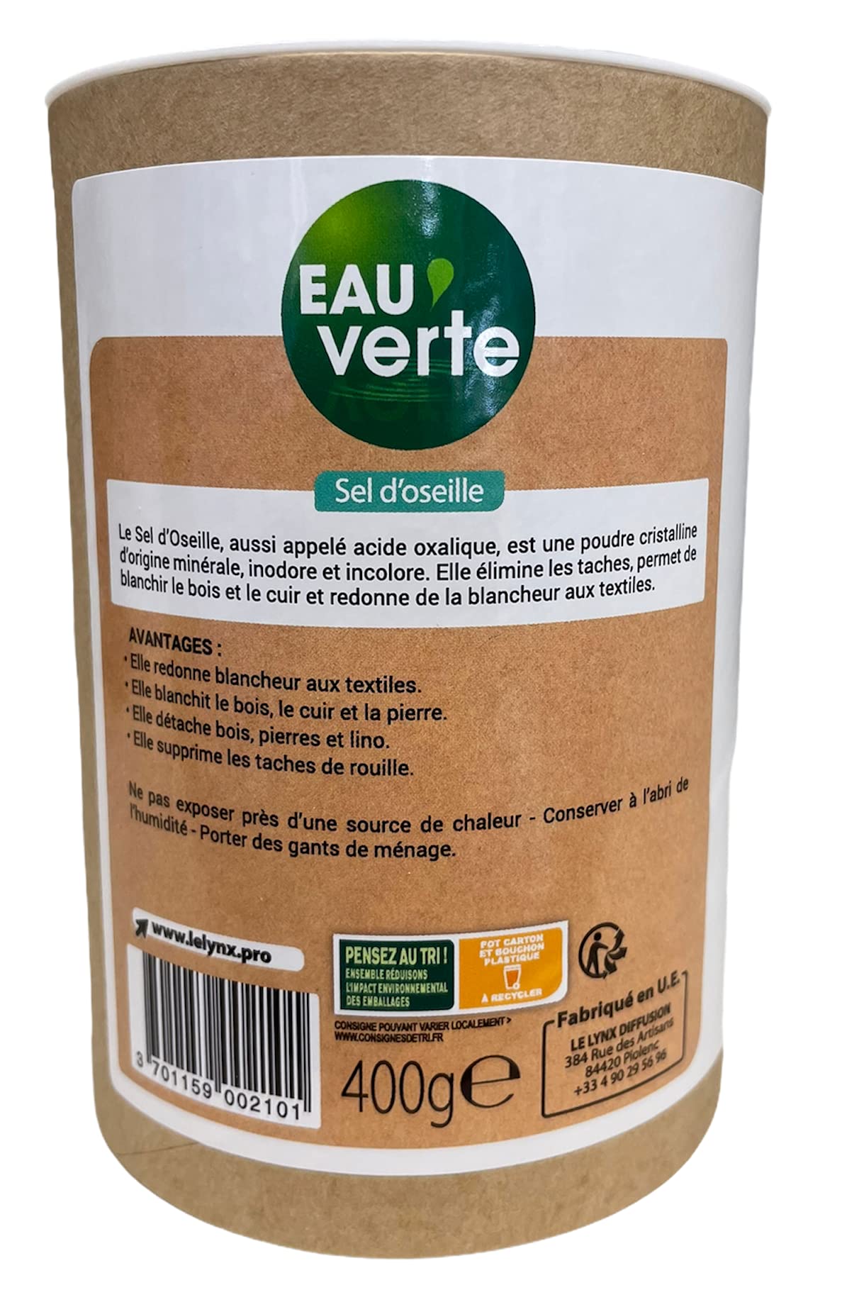 Eau Verte sel d'oseille 400g Pot Carton 100% Recyclé et Recyclable (Cuillère non fournis)