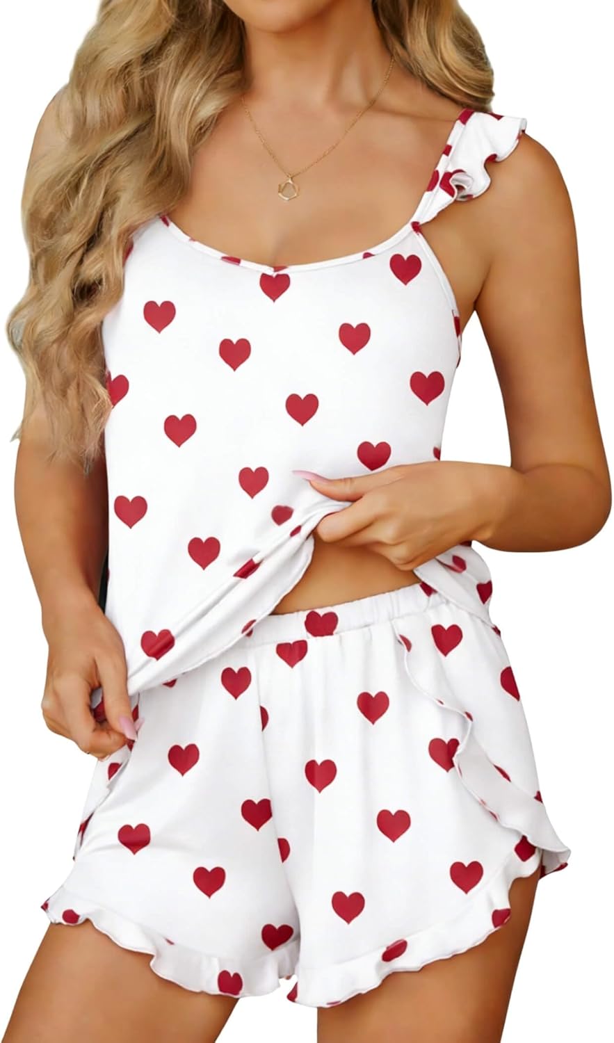 Ekouaer Womens Pajama Sets Ruffle Cami Top and Shorts 2 Piece Lounge Set Sleepwear, Summer Comfy Cute Bridal Pajama for Women