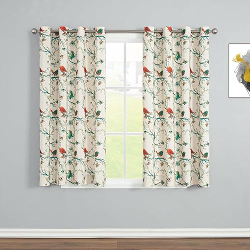 Miniatura 1 de Leeva Cortinas de lino para sala de estar de 63 pulgadas de largo, estampado de pájaros vívidos y ramas de grosor medio con ojales para estudio,
