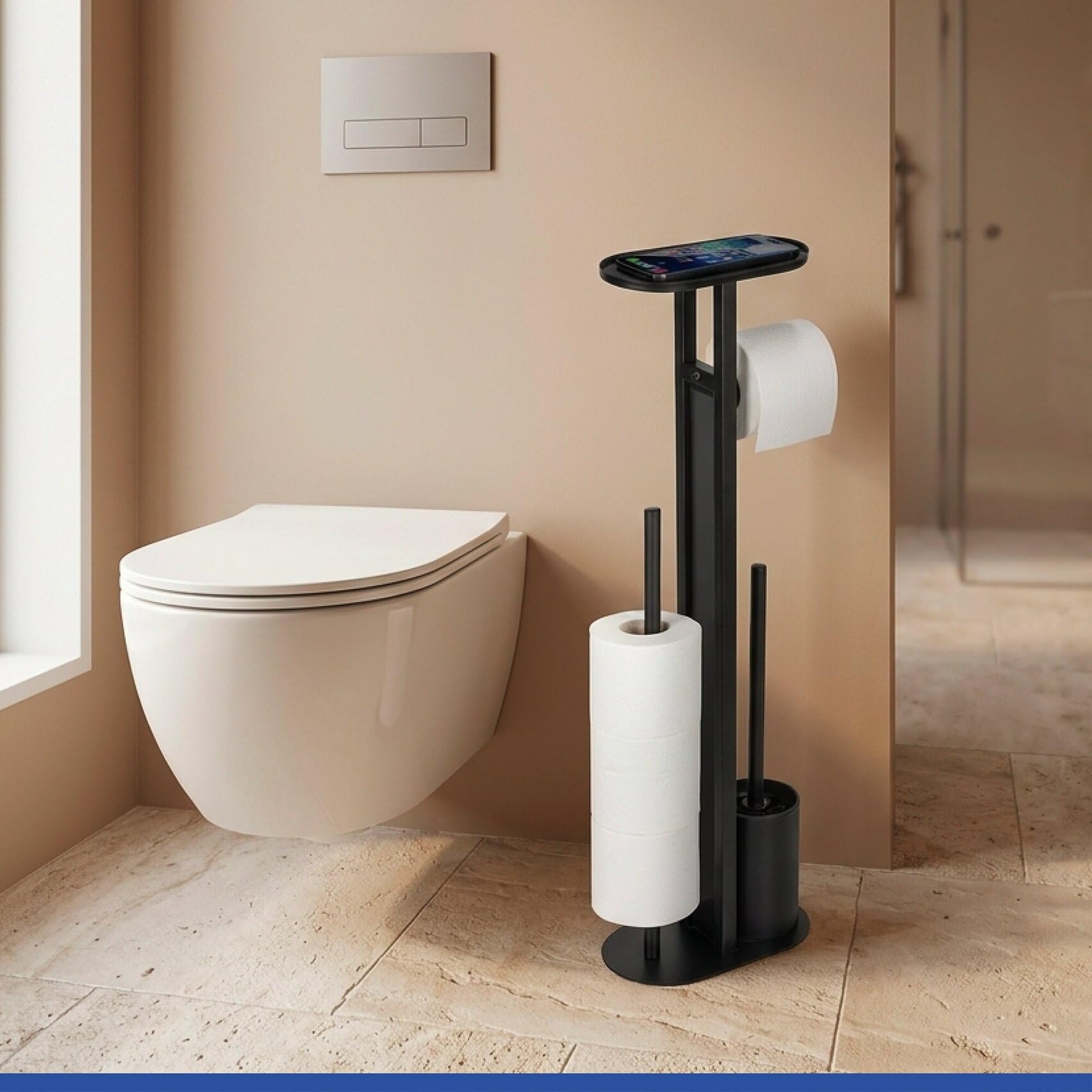 WENKO Stand WC-Garnitur Mod. Orea aus Stahl mit schwarzem Trennglas, WC Bürste, Toilettenpapierhalter, Ersatzrollenhalter für bis zu 4 Rollen und Smartphone-Ablage, stehend, ohne Bohren, schwarz