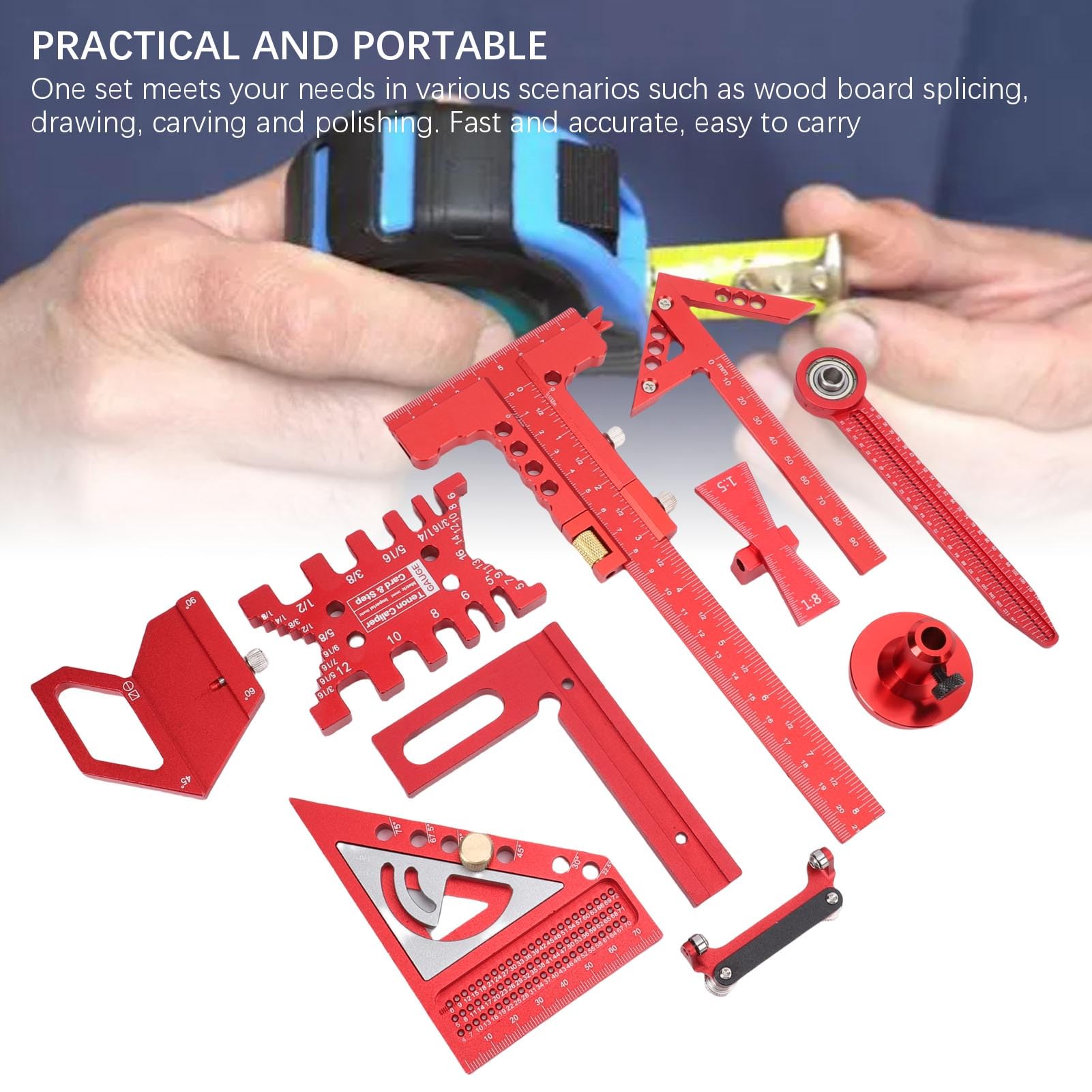 YWBL-WH Kit de Herramientas de Medición de Carpintería, Regla de Carpintería de Aleación de Aluminio para Empalme, Dibujo, Talla, Pulido con Caja de Almacenamiento