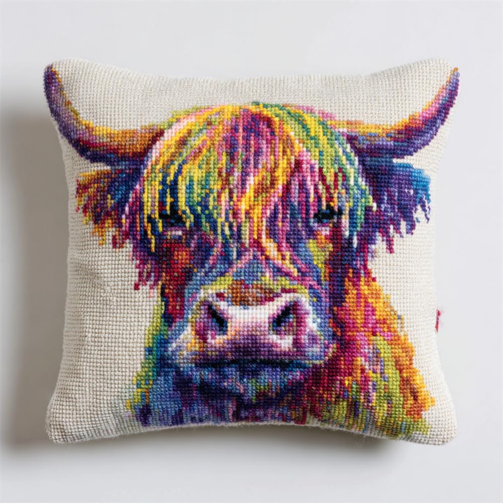 Cross Stitch Embroidery Kits Cushion Embroidery Set Beginners Pre-Printed Rainbow Color Highland Cow 17.7X17.7In(45X45Cm) DIY Cross Stitch Cushion Creative Set for Adults Craft Kit Craftsman