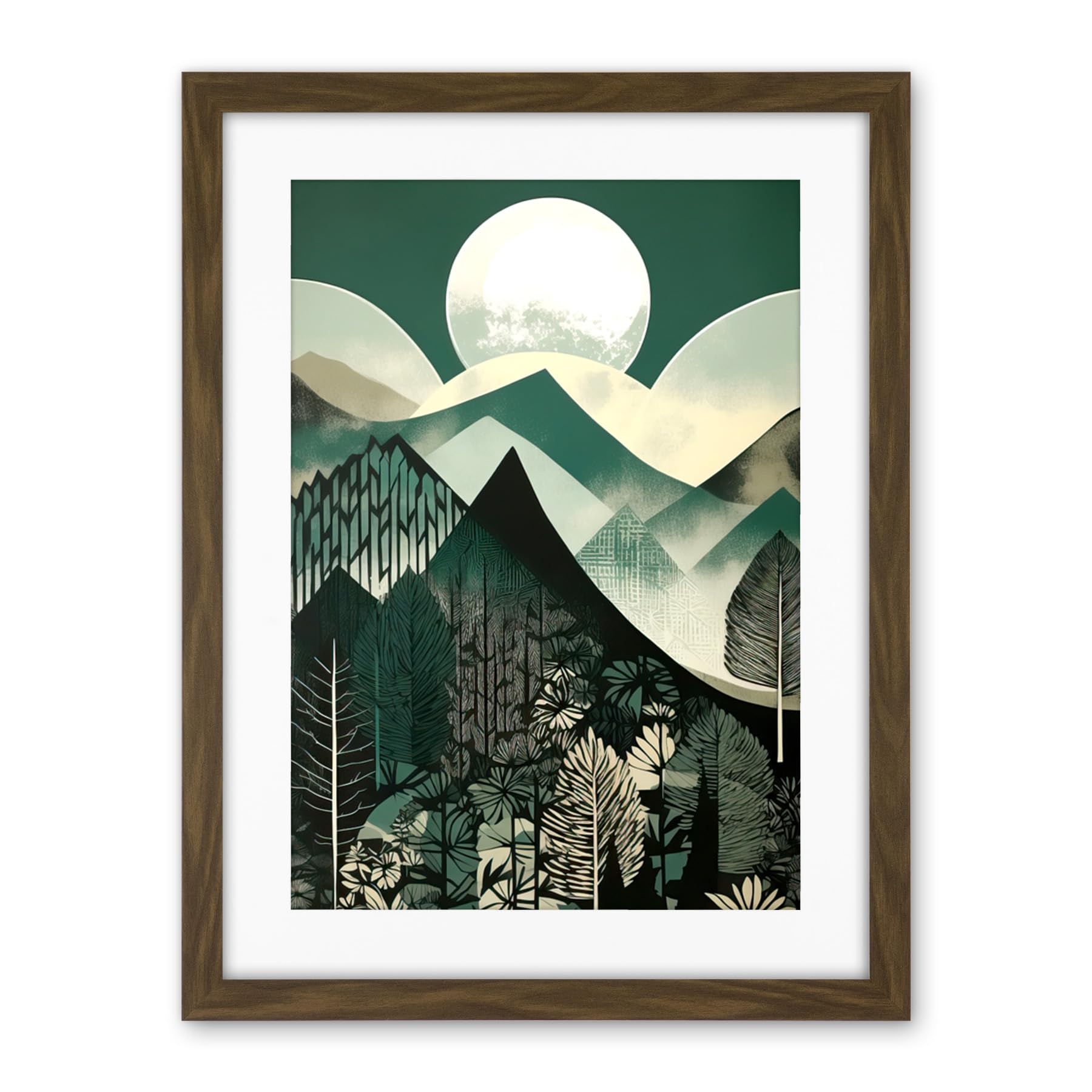 Artery8 Full Moon Over Mountain Forest Linocut Mid Century Sage Green Moonlit Landscape Artwork Framed Wall Art Print 18X24 Inch