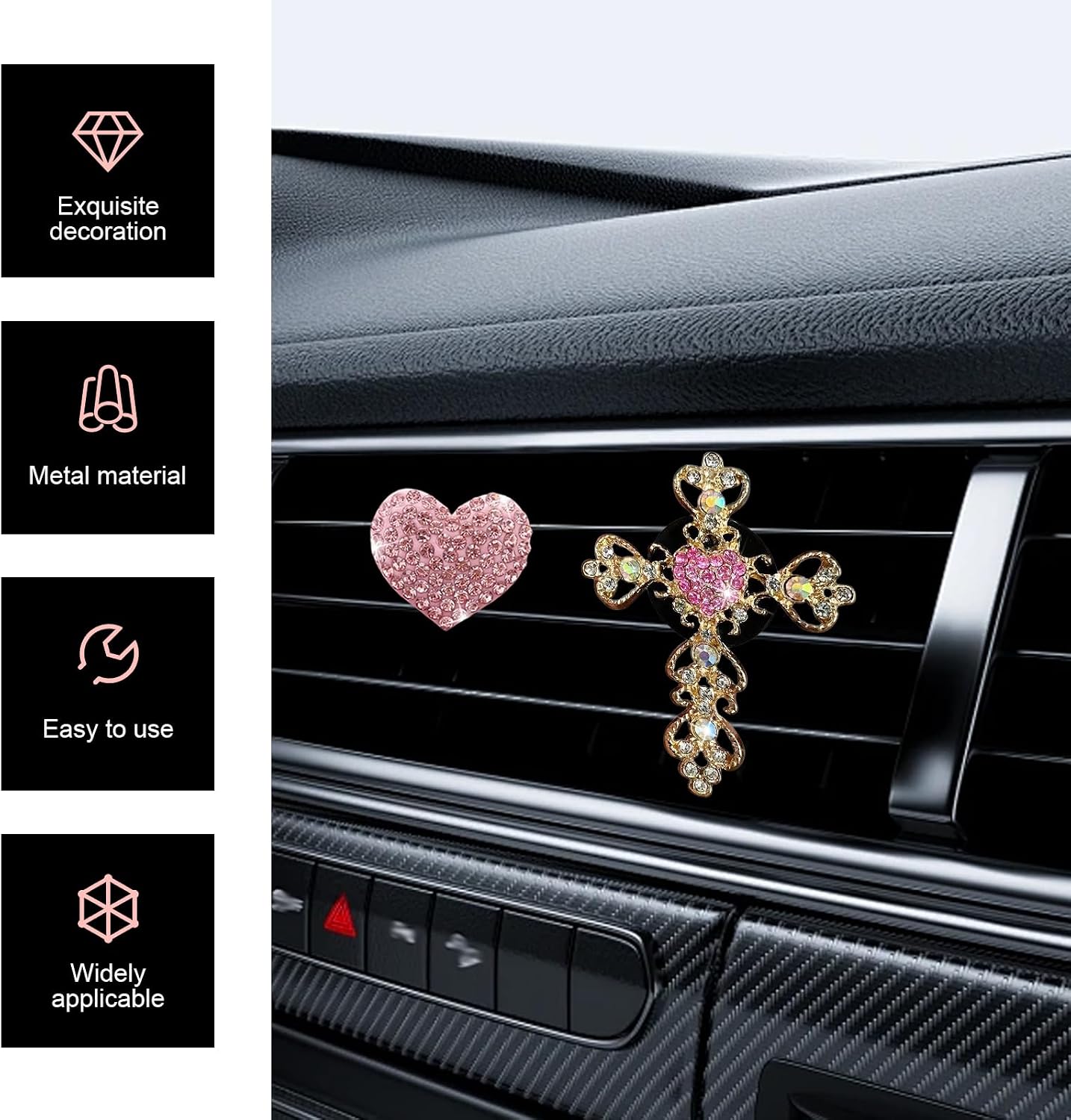 2 PCS Bling Rhinestone Cross & Heart Car Vent Clips, Sparkling Personalized Air Freshener, Dashboard Air Vent Trim Clip, Auto Interior Decoration Accessory for Women Girls (Pink) image 3