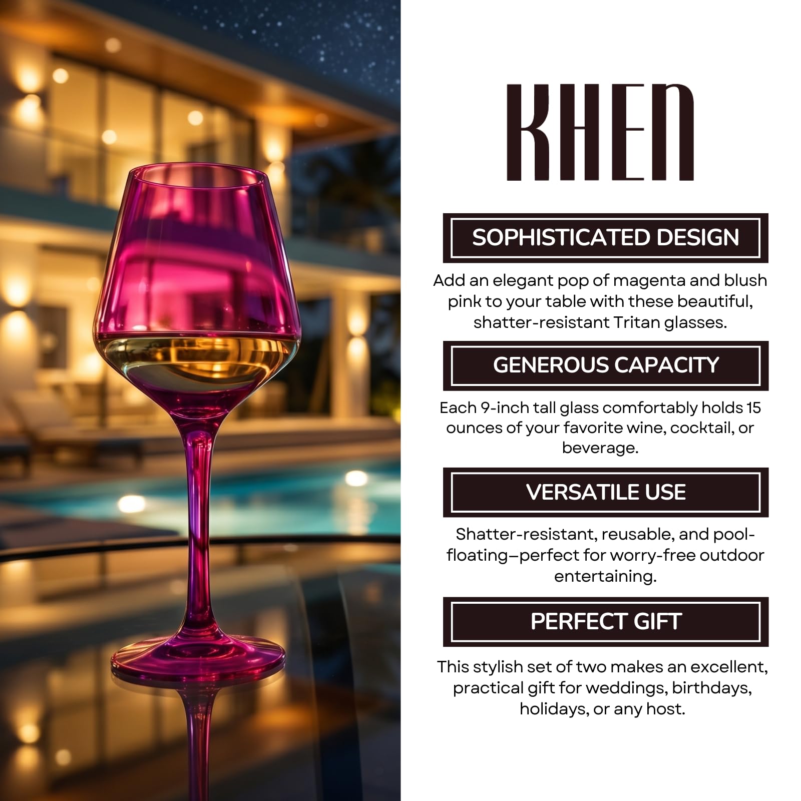 Copas de vino irrompibles de color rosa intenso, flotantes para piscina, juego de 2, vasos Tritan, irrompibles de color magenta y rosa rubor clásico, vasos inastillables de plástico sin BPA, rojo y