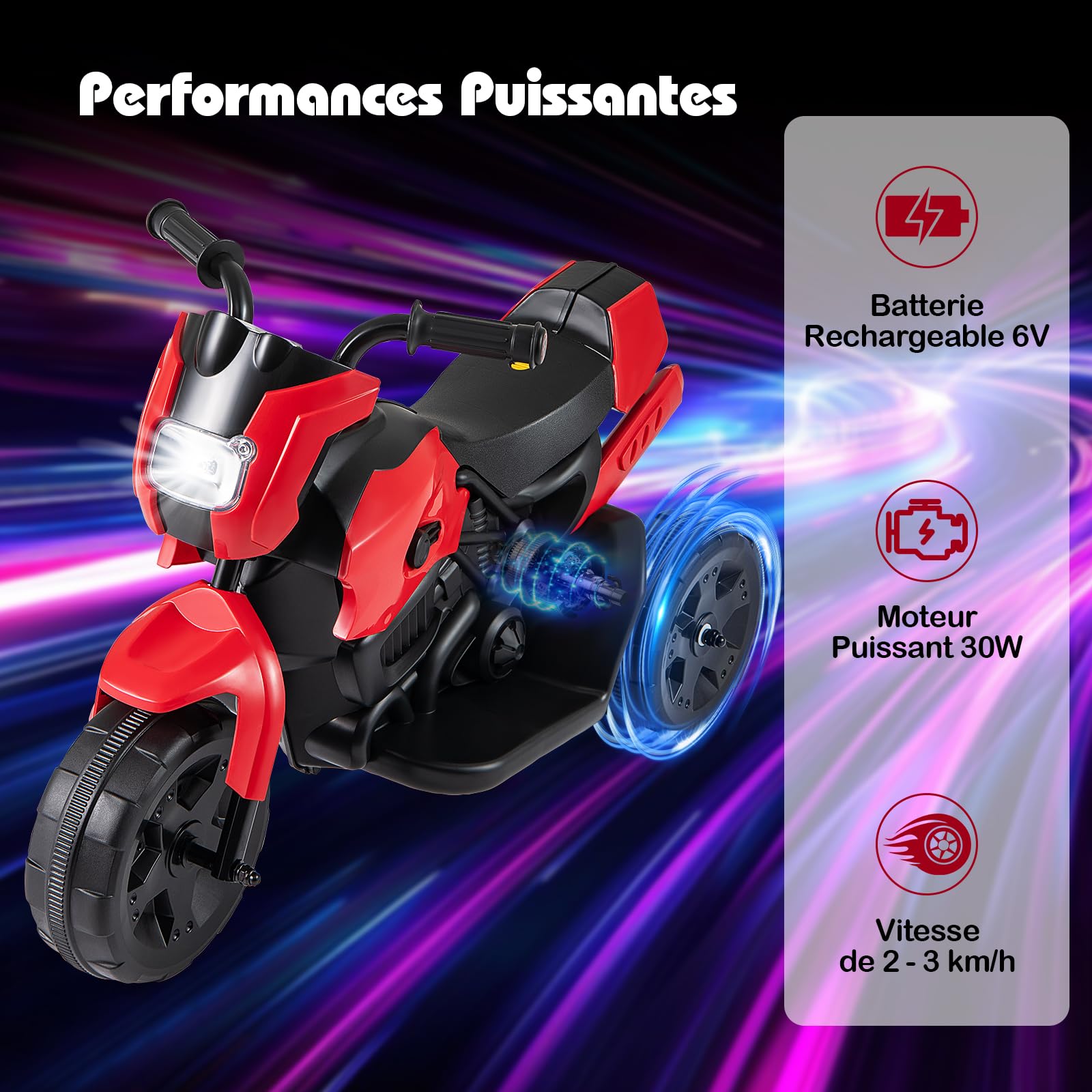 GOPLUS 6V Moto Électrique Enfants 3-6 Ans à 3 Roues, Voiture Electrique Enfant Phare LED, Pédale, Direction Limitée, 2-3 km/h pour Enfants Filles et Garçons, Charge 20KG (Rouge)
