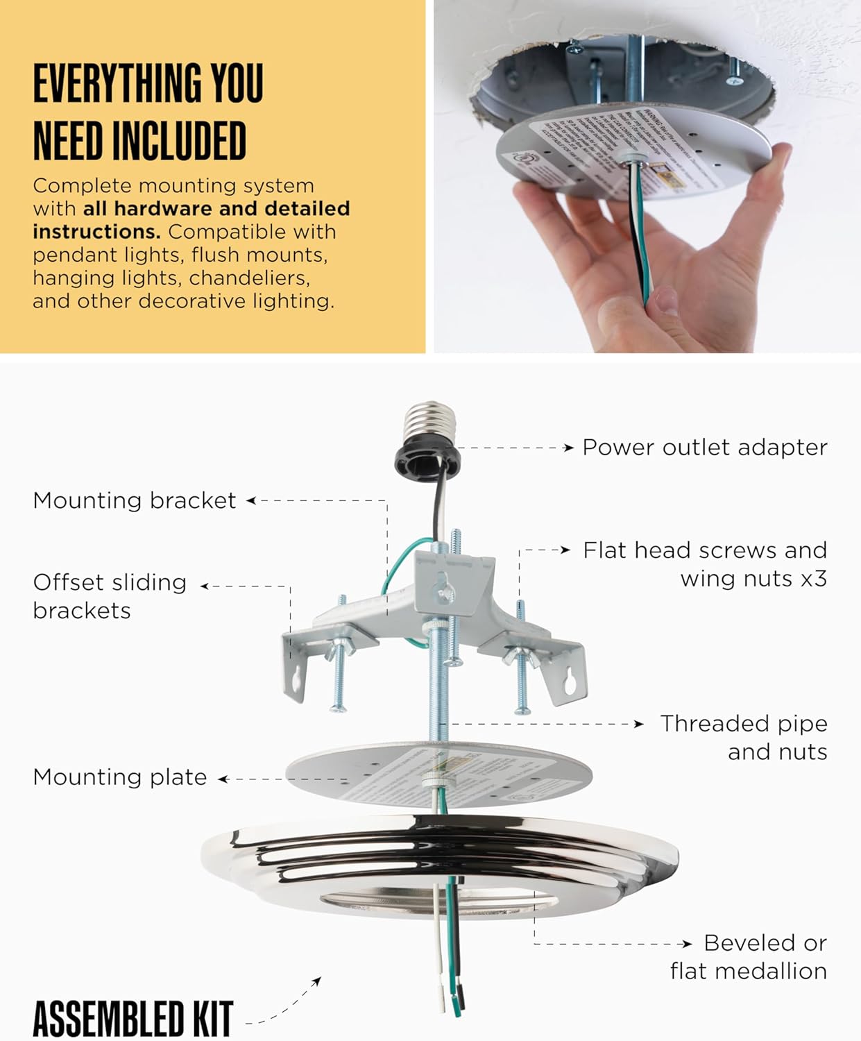 The Can Converter R56 Recessed Can Light Conversion Kit w/ 7"¾ Flat & Beveled Ceiling Medallion - Home Improvement for 5" & 6" Cans, Fan & Light Fixture Converter Kit, UL Certified, Polished Nickel