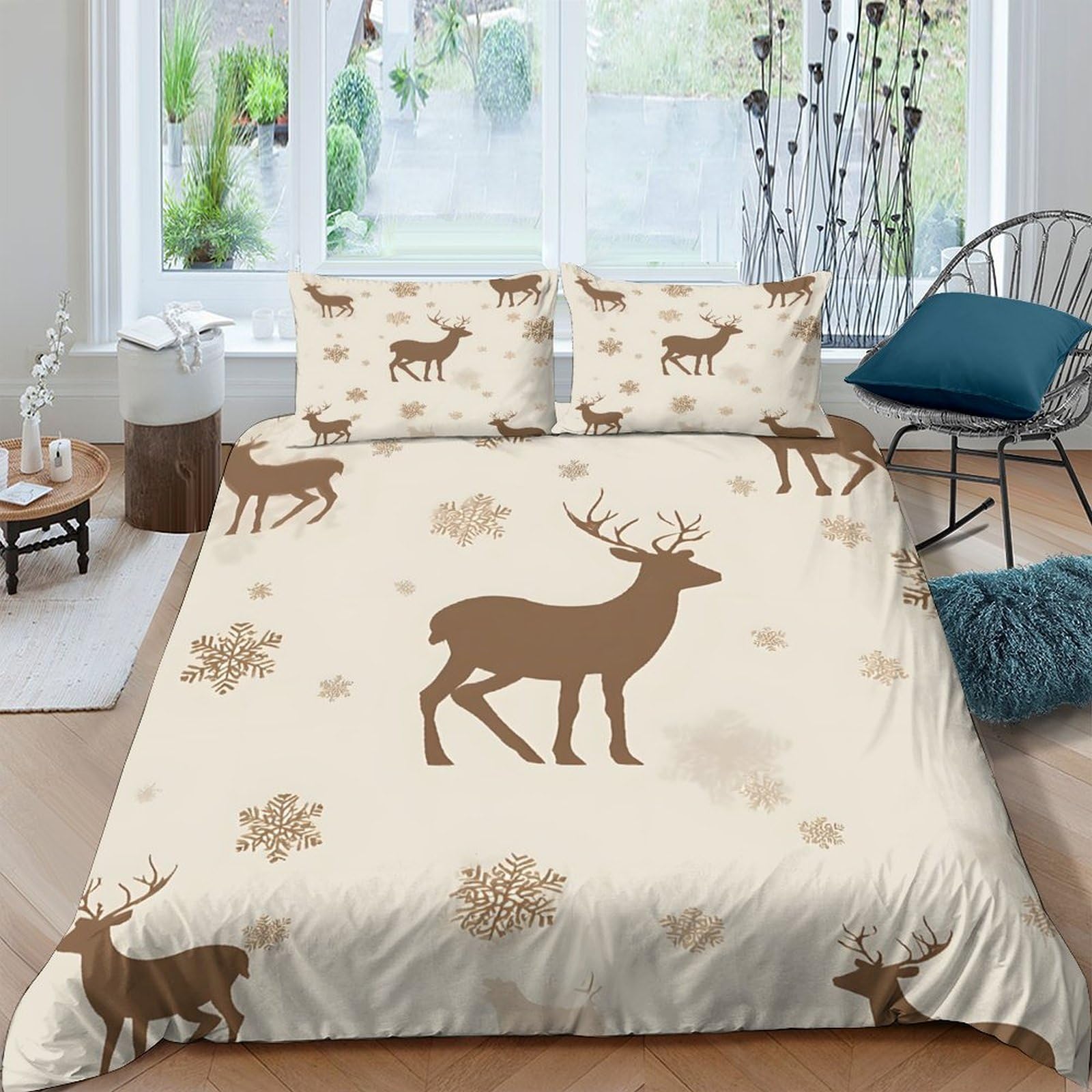 Ctjqhvkz Style-9 3D Printed Reindeer Snowflake Fitted Sheet Microfiber Beige Christmas Bed Cover For Bedroom Guest Room Decor Single（135X200cm）