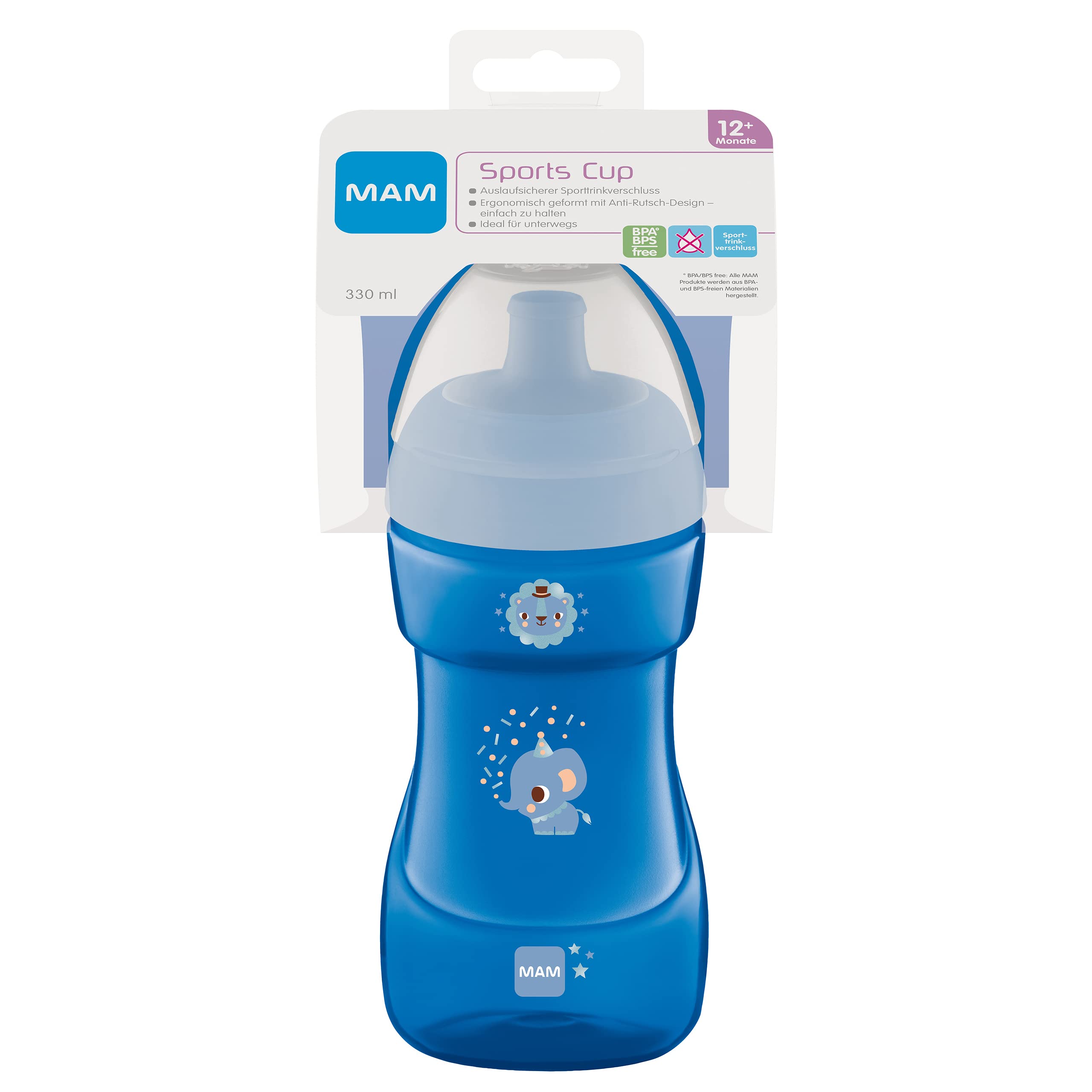 MAM Bicchiere sportivo (330 ml), a prova di perdite, con valvola autoapribile, con superficie antiscivolo e impugnatura, a partire da 12 mesi, elefante