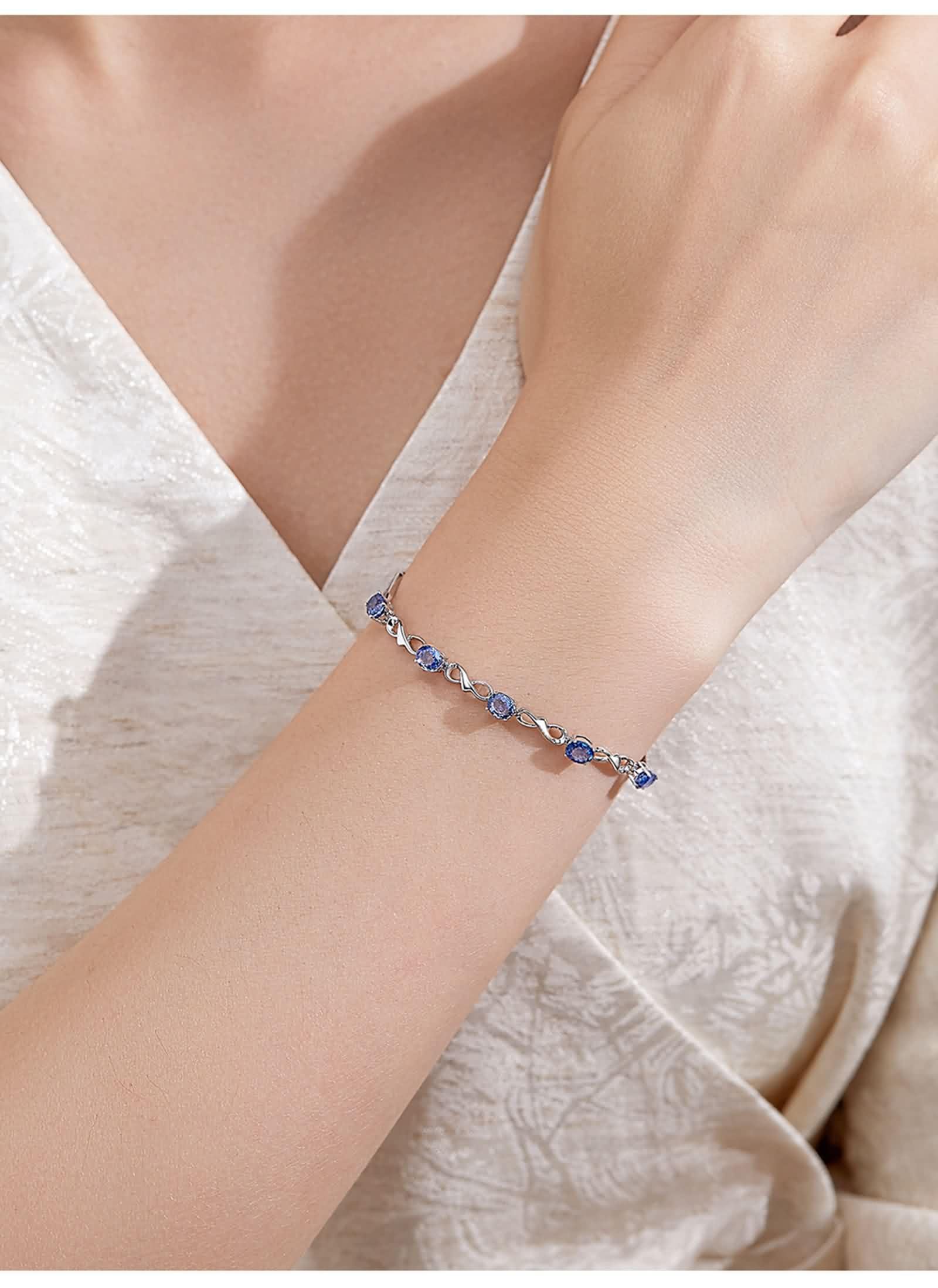 KnSam Pulsera para mujer de oro blanco de 18 quilates Au750, joyas de oro auténtico, zafiro, infinito, corte ovalado, azul, brazaletes de oro 750, 23 cm