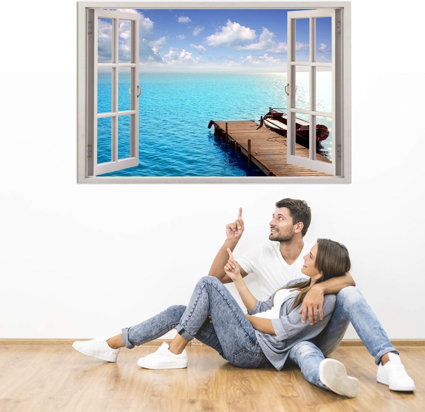 Realistic Window Wall Decal – Peel and Stick Nautical Decor for Living Room, Bedroom, Office, Playroom – Dock Wall Murals Removable Window Frame Style Ocean Wall Art – Vinyl Poster Wall Stickers