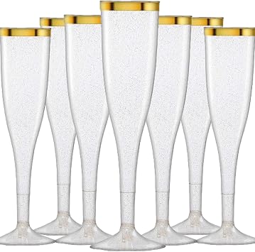 48 Plastic Disposable Champagne Flutes Classicware Glass Like Ideal for Wedding, Toasting, Mimosa and Showers Flutes champagne glasses for parties or any occasions 48, Gold Glitter W/ Gold Rim