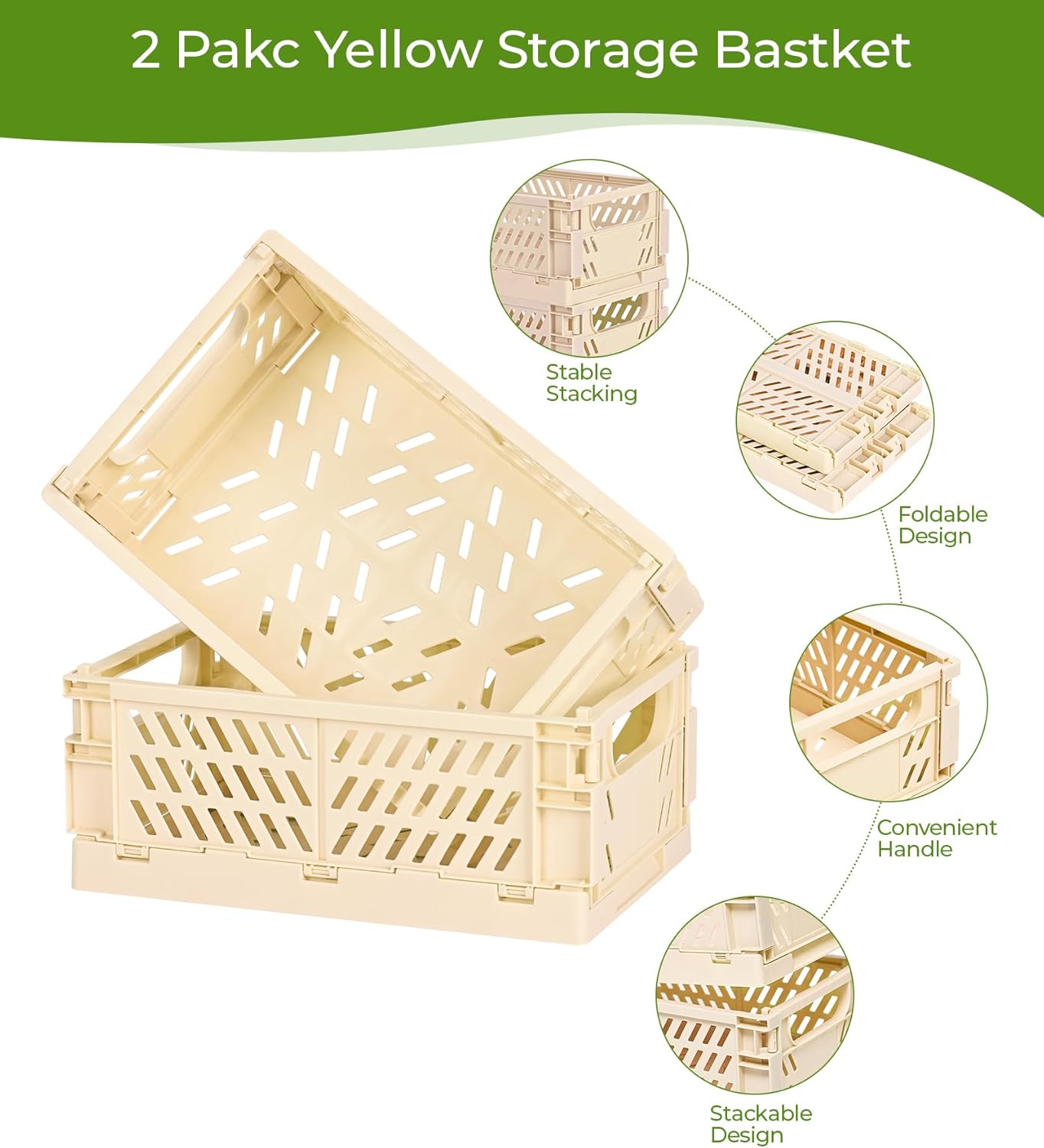 HUUSMOT 4-Pack Small Pastel Plastic Storage Baskets, Collapsible Crates for Organizing, Space-Saving Mini Bins for Classroom, Kitchen, Office, Bedroom (Yellow, 9.8" x 6.5" x 3.8")