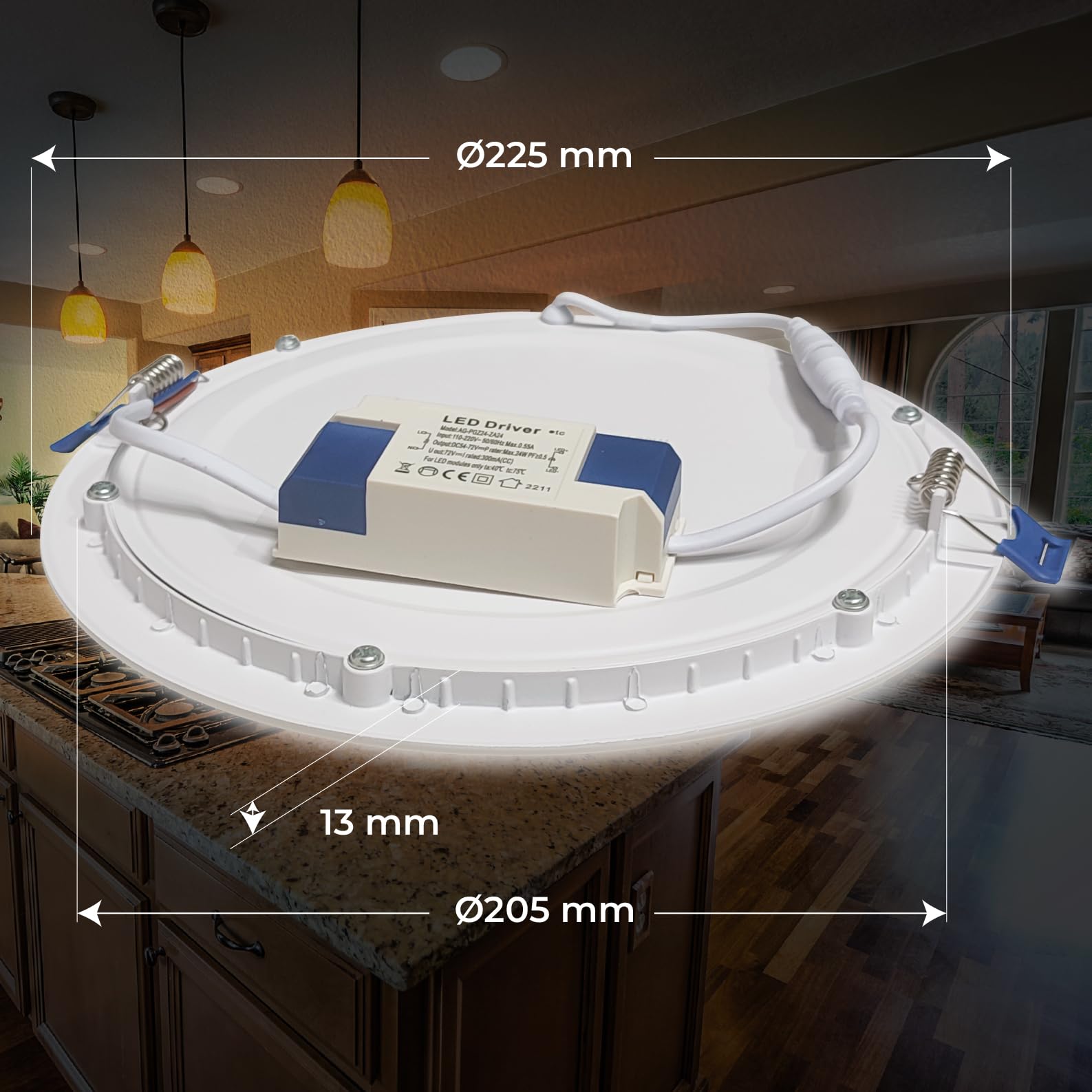 Lot de 10 Panneau LED Encastrable Downlight Rond Plat 225mm 20W Blanc Chaud 3000K 1800 Lumens