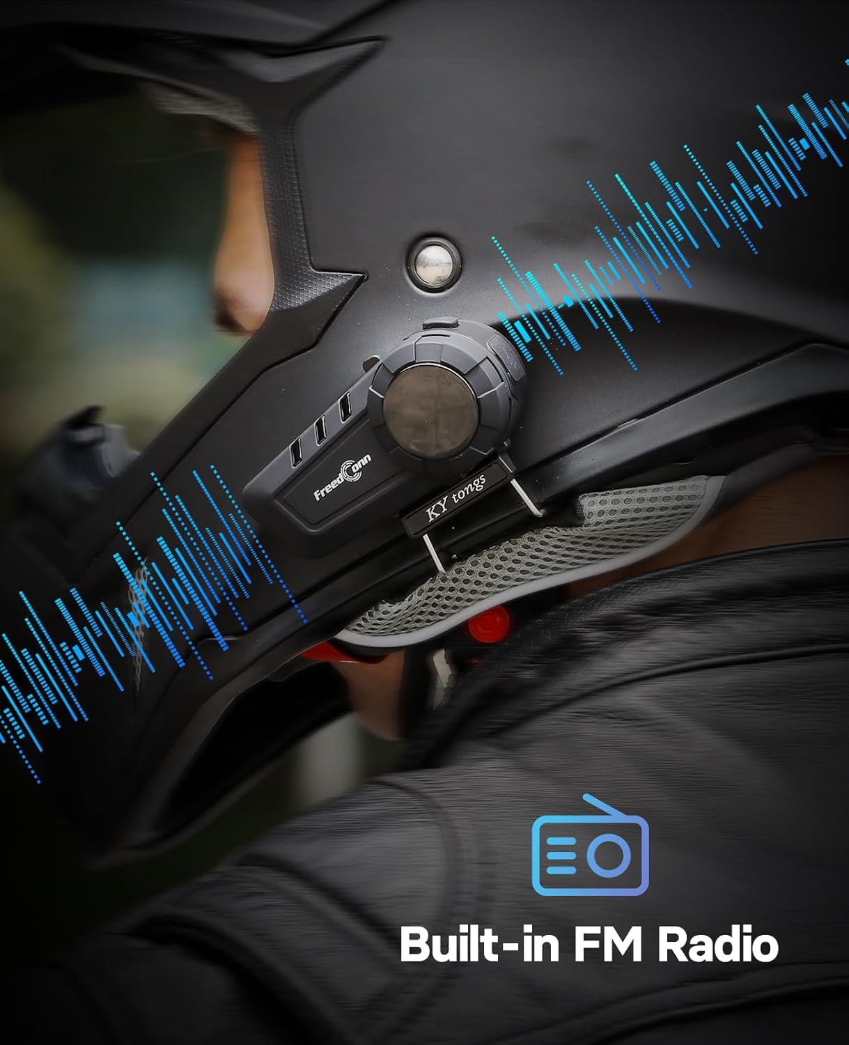 Six motorcyclists riding on a road, demonstrating the 1200m group intercom communication feature of the FreedConn KY PRO headset.