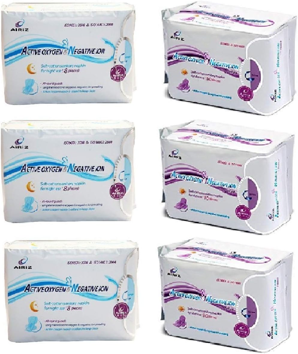 TIENS AIRIZ SHREE EXIM Active Oxygen and Negative Ion Soft-Cotton Sanitary Pads for Day and Night Use, 54 Pieces - Pack of 6