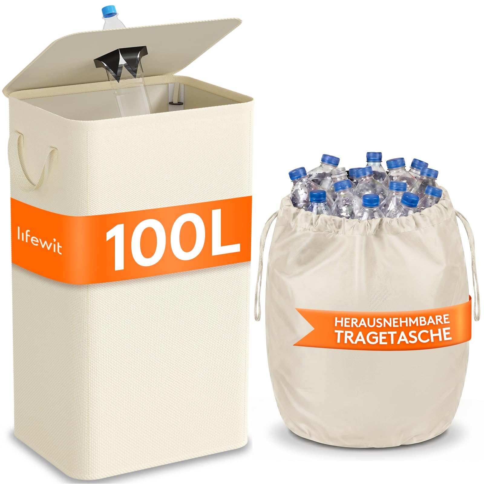 Lifewit 100L Pfandflaschen Sammelbehälter mit Deckel, Groß Pfandflaschen Aufbewahrung, Behälter Leergut & Altglas Aufbewahrung, Flaschensammler mit Loch Küche Abstellraum Flaschentasche, Weiß