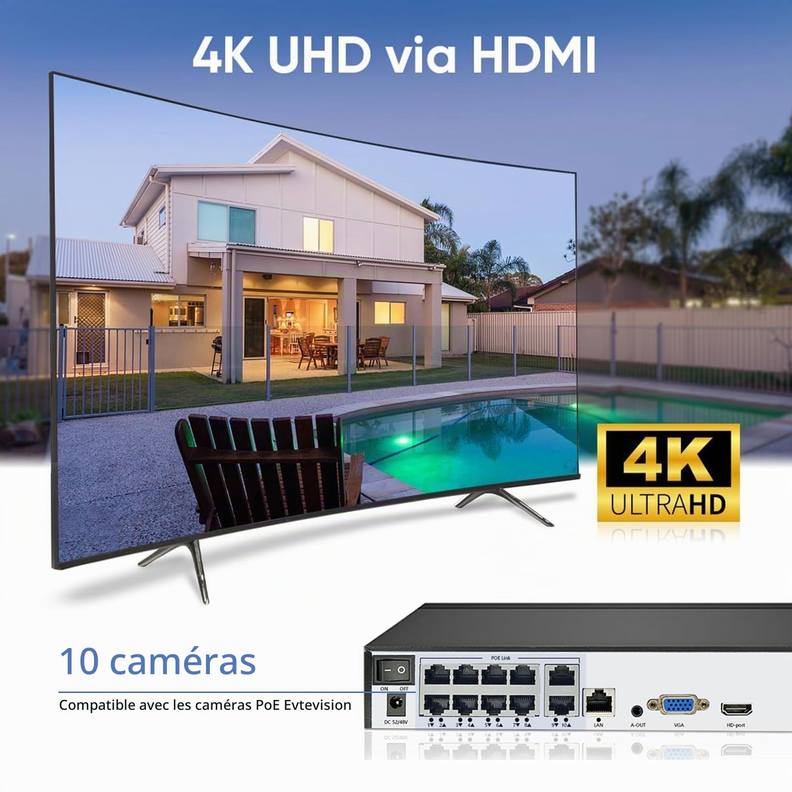 10 Canaux 4K/5MP/4MP/3MP/2MP Enregistreur IP PoE NVR avec 10 Ports PoE CCTV NVR Supporte Vue à Distance Alerte Email de Détection de Mouvement (Pas de Disque Dur)