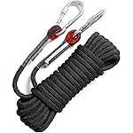 GINEE 10mm Static Rock Climbing Ropes 65FT Outdoor Safety Rope with Carabiner Black Lifeline Rescue Grappling Escape Descender Abseiling Rope Magnet Fishing Rope Arborist Tree Climb