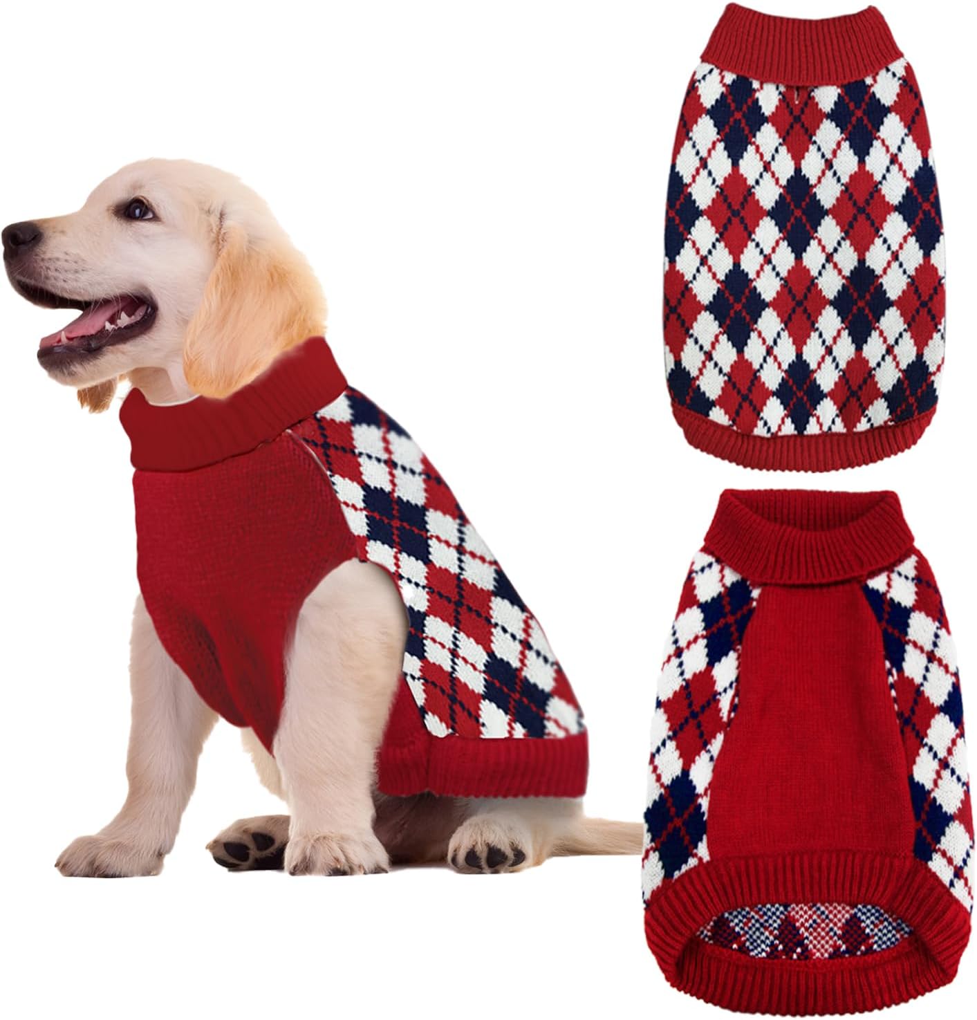 Dog Sweater Dog Knitted Pet Clothes Classic Winter Outfit with Plaid Red Argyle Patterns Warm Dog Turtleneckr Sweatshir for Small Medium Puppies Dogs Cats Large