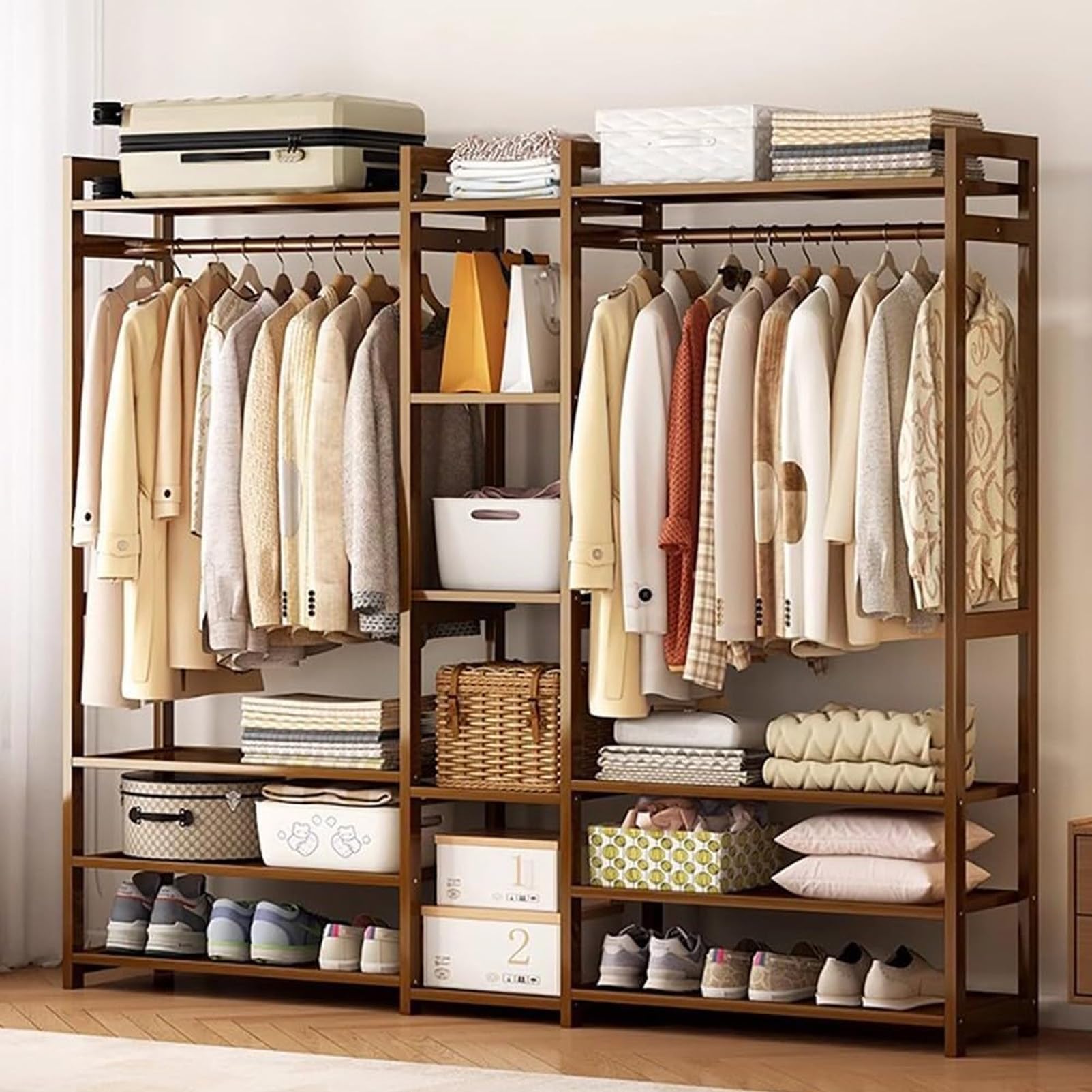 Pnpaea Bamboo Clothes Rail, Garment Rack with Storage Shelves Back and Tidy Rail, Open Wardrobe Closet, Clothing Standing Rack for Bedroom Hallway Entryway D(170mm)