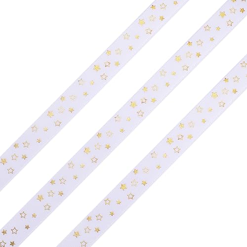 Miniatura 6 de Pandahall - 2 rollos de cinta de satén con estampado de estrellas de 5/8 pulgadas de ancho, cinta decorativa blanca con lámina dorada para envolver