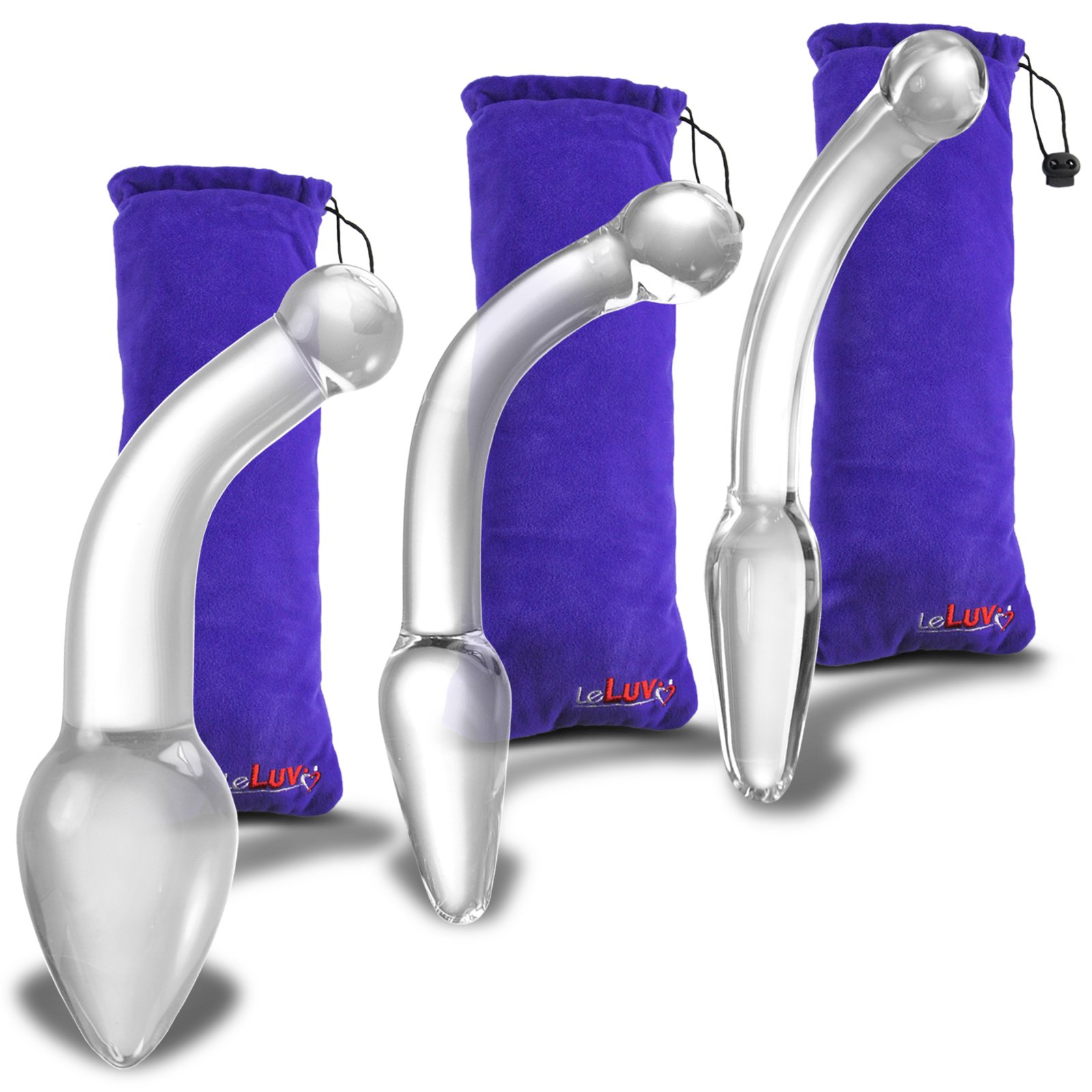 LeLuv Small Medium and Large Glass Prostate Massagers Anal Wand Dildo Expert G-Spot Clear with Premium Padded Pouch