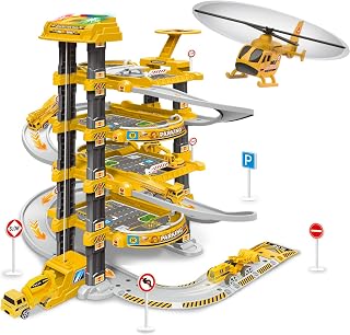 UNIH City Ultimate Garage Playset, Car Garage Toys for Boys with Electric Elevator, Tower Cars Kids Parking Garage Race Car Ramp Track Toys for 5+ Years Old Boys - Red,yellow