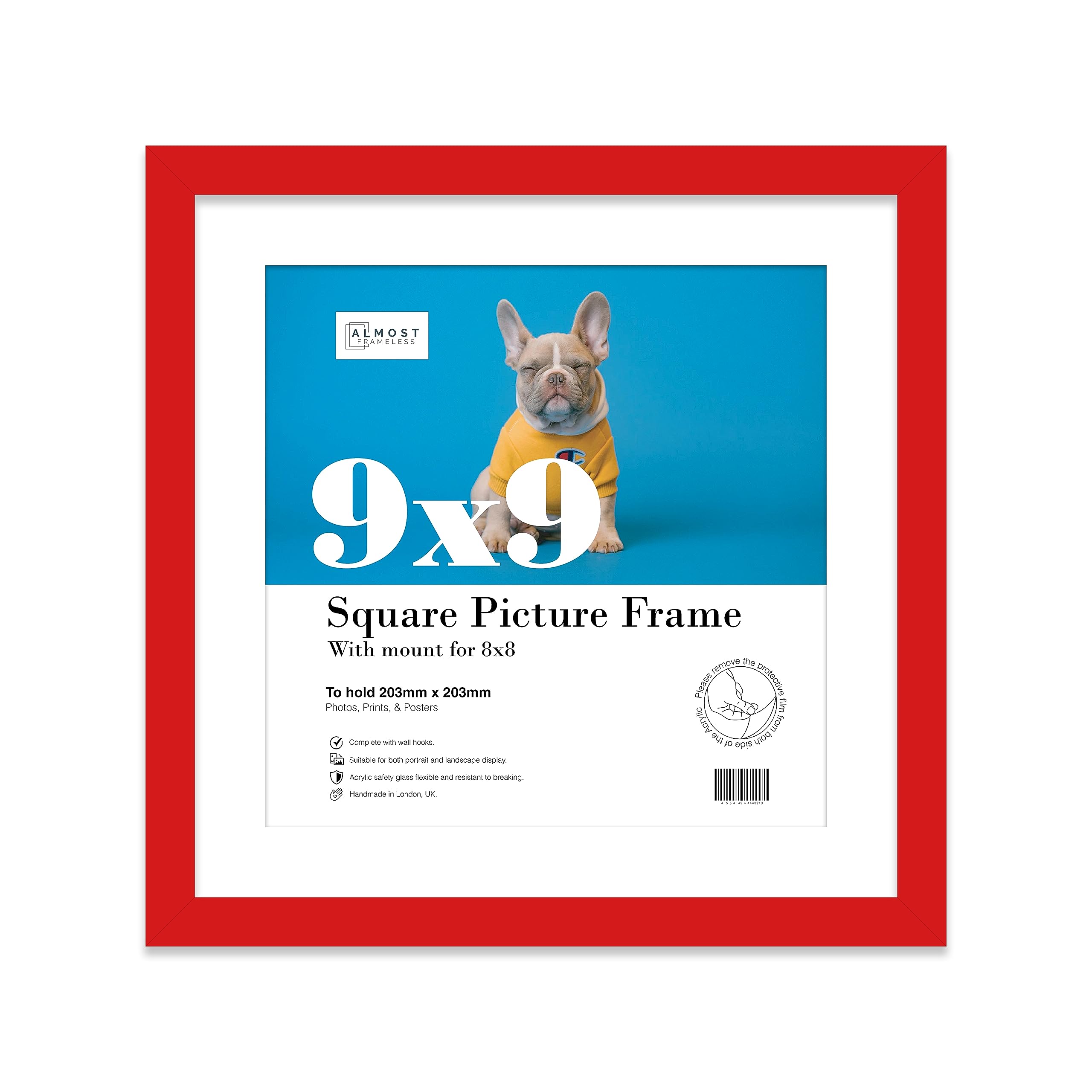 Almost Frameless Red 9X9 Picture Frame, Display Pictures 8X8 With Mat Or 9X9 Without Mat, Wall Hanging & Free Standing Photo Frame, 1 Pack