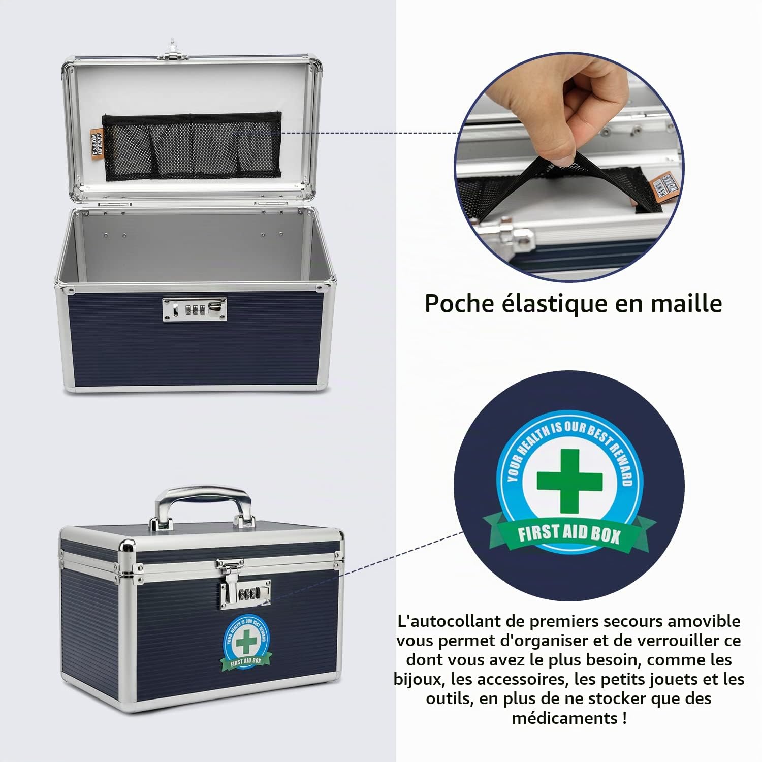 Boîte à Médicaments avec Armoire à Serrure à Combinaison, adapté à l'entreposage de Pharmacie et d'objets personnels Importants, Contient Un Pilulier en Plastique (Bleu, Moyen)