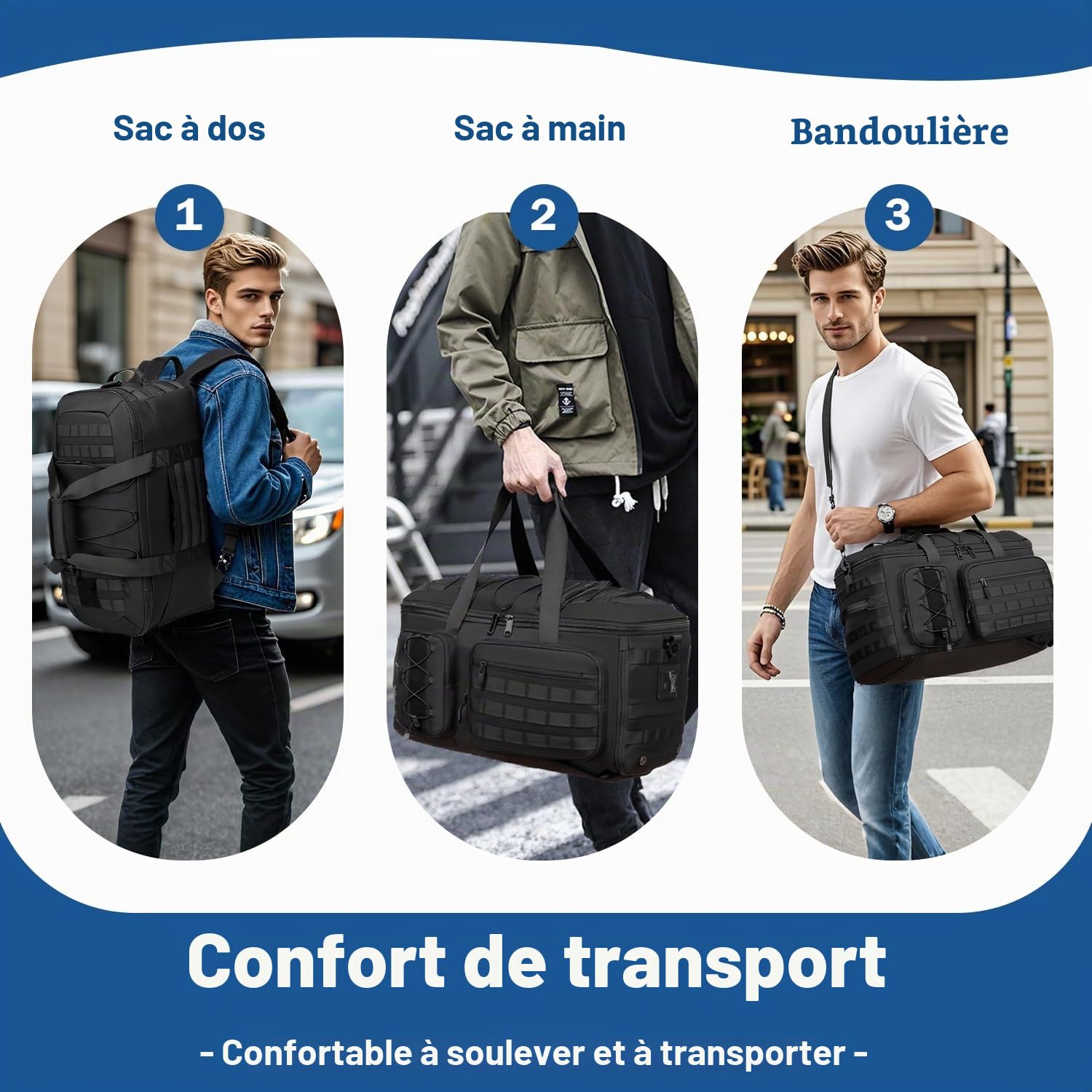 Sac de Sport 3 en 1 Homme avec Fonction Sac à Dos 50L Sac de Voyage | Sac à dos sport avec compartiment à chaussures nylon 900D, avec poche humide, sac de gym pour entraînement, fitness, week-end