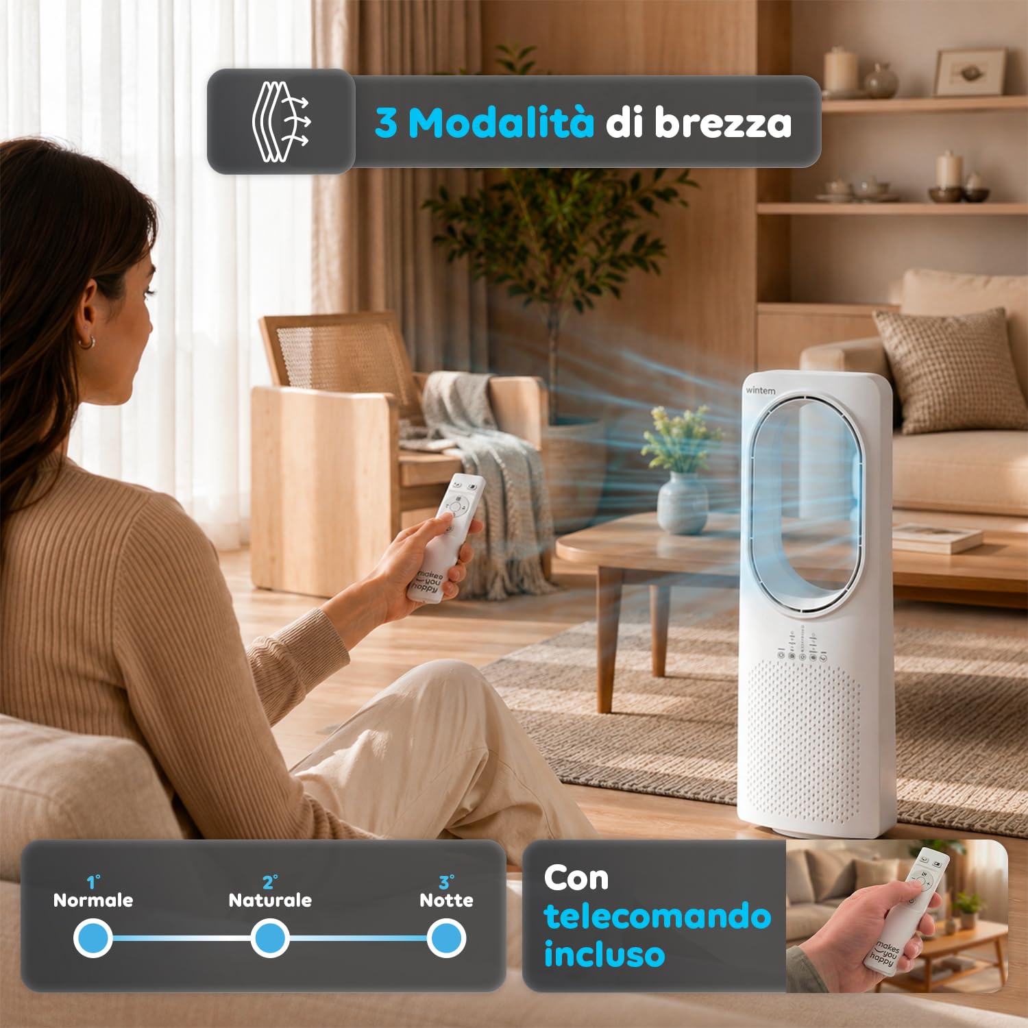 Wintem - Ventilatore a Torre Silenzioso Freezy Senza Pale con Telecomando, 3 Velocità, 3 Modalità, Timer 15 Ore e Oscillazione, Ventilatore da Terra con Display LED e Comandi Touch Intuitivi