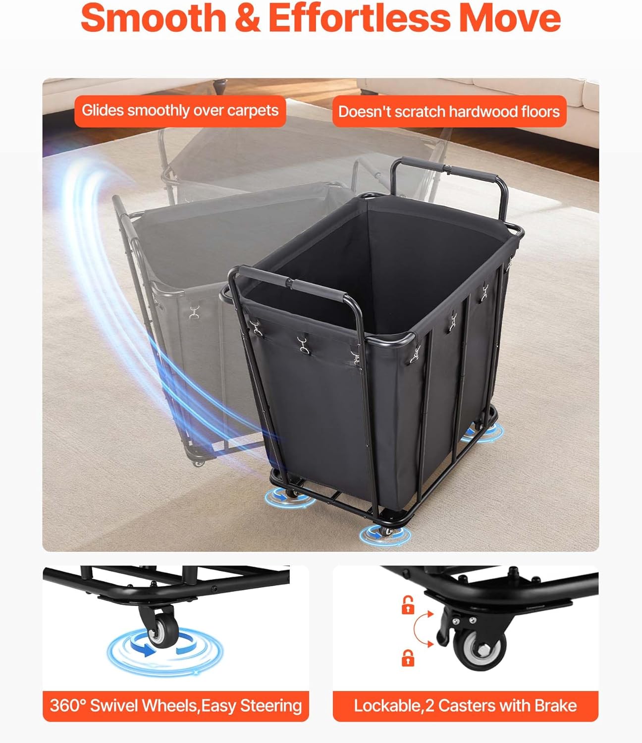 VEVOR Laundry Cart, Rolling Grocery Utility Cart with Waterproof Liner & Swivel Wheels, 260 LBS Large Load Capacity, Heavy Duty Shopping Basket for Laundry, Shopping, Camping, Grocery, Luggage, Black