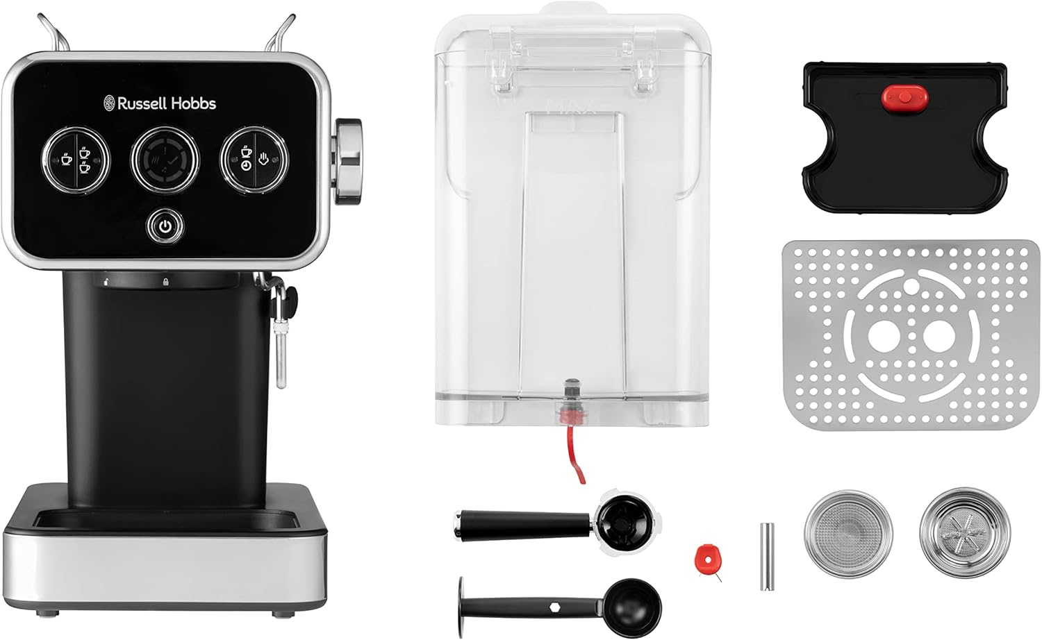 Russell Hobbs Macchina caffè Espresso, Pressione 15 Bar, Caffè Macinato o Capsule ESE, Riscaldatore a Termoblocco, Asta a Vapore Girevole, Acciaio Inox, Distinctions Black 26450-56