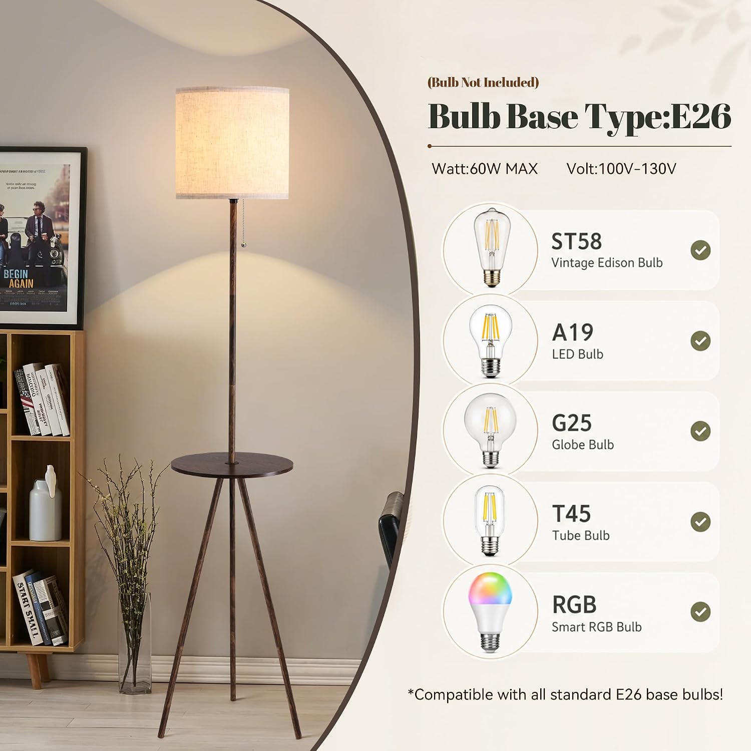 Floor Lamp with Side Table, Linen Shade, Standing Lamp for Living Room image 3
